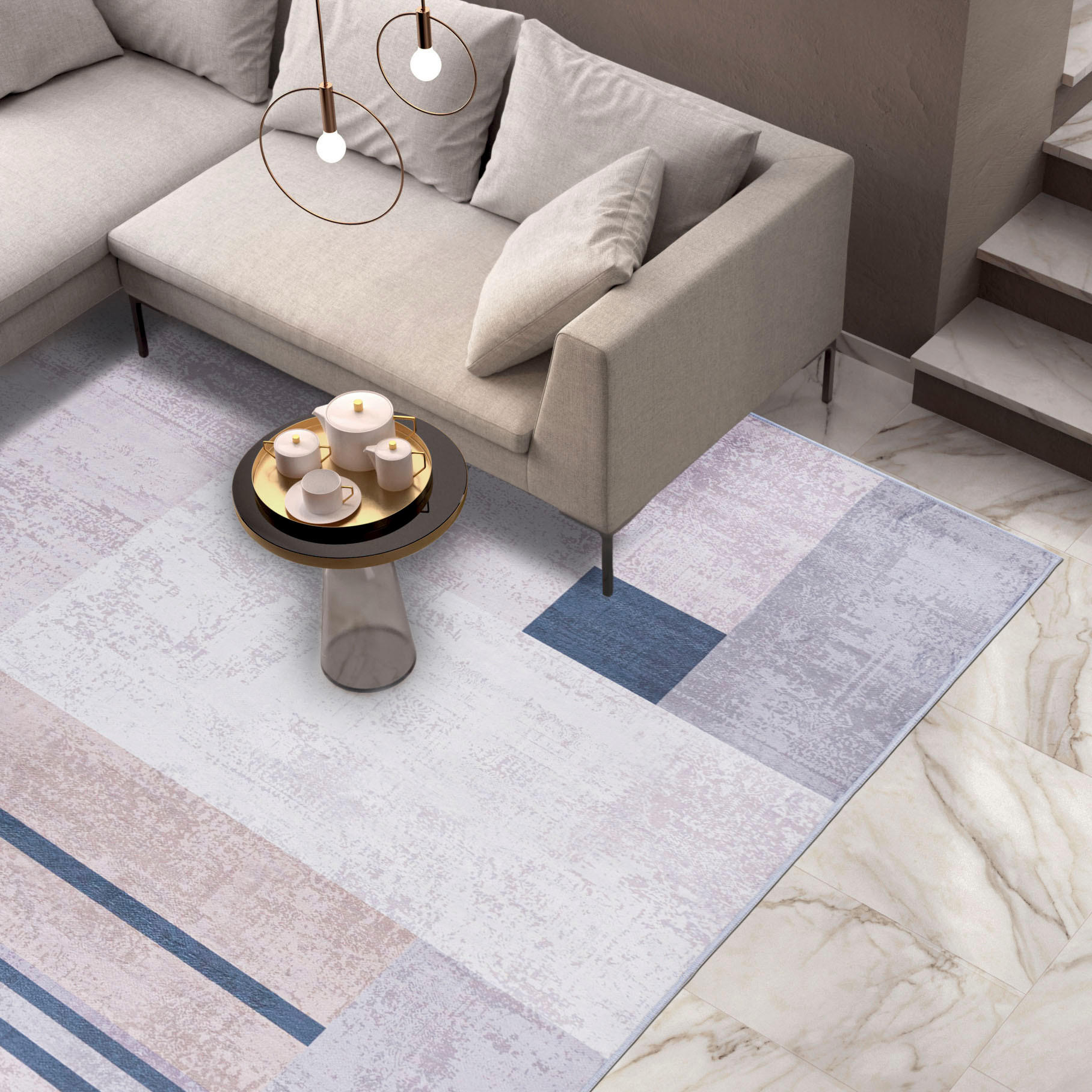 TEPPICH Beige Modern Geometrisch - Kurzflor Rechteckig, Modern, Stilvoll - 200 x 300 cm - Blau/Beige, Textil (200/300cm) - Mazovia