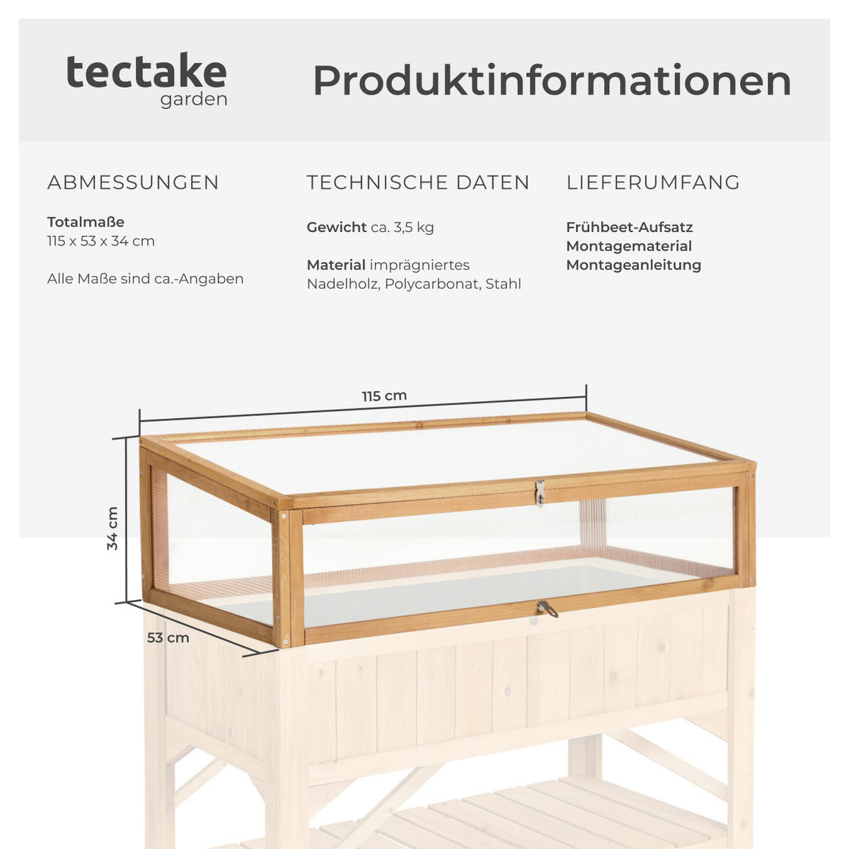 FRÜHBEET Aufsatz, 115 x 53 x 34 cm,braun - Braun, Holz (53/34/115cm) - tectake