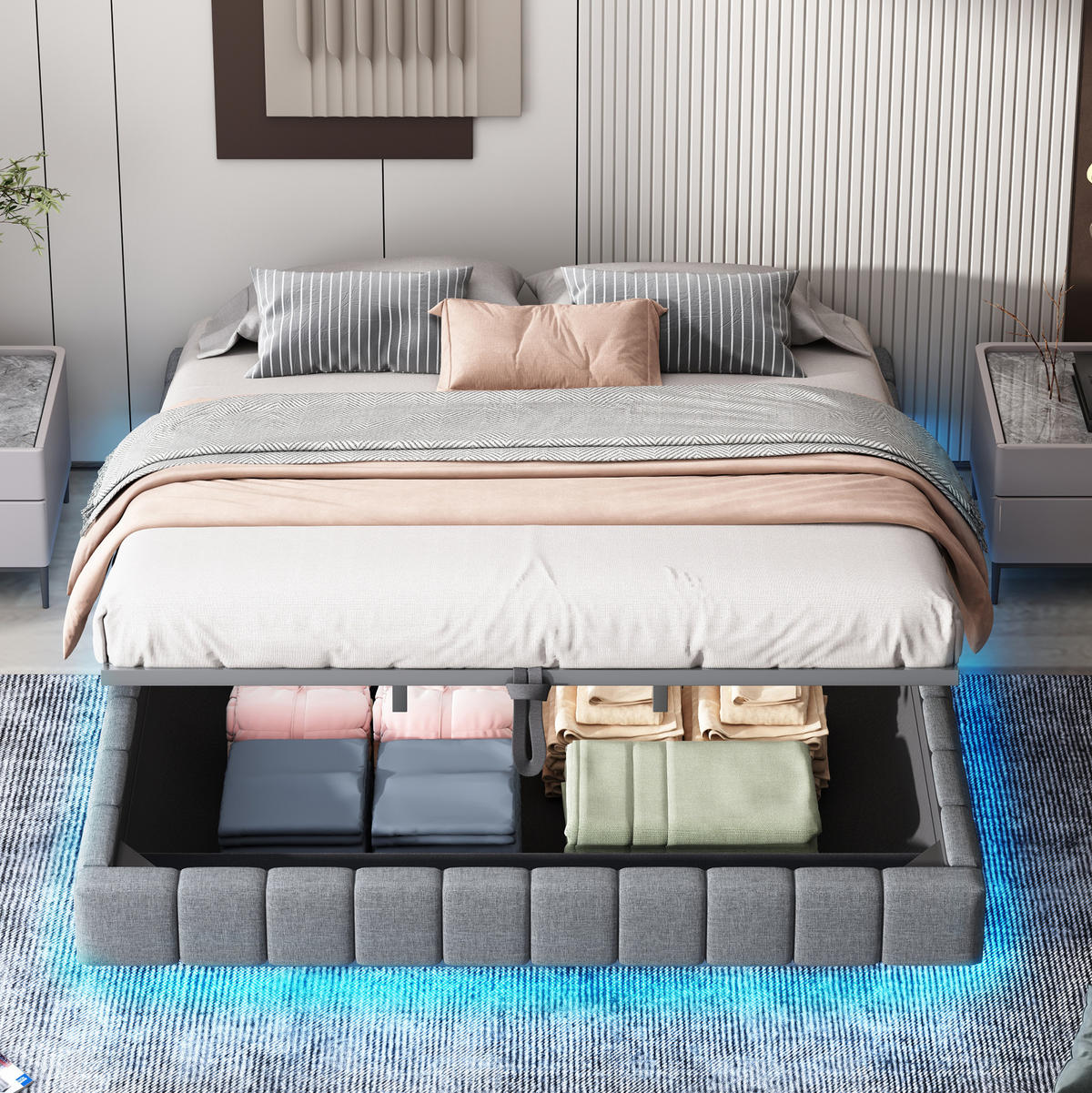 SCHWEBENDES Polsterbett aus Leinen 180x200 cm Grau mit Bettkasten und LED-Beleuchtung - Grau, Textil (180/200cm) - IVMEU