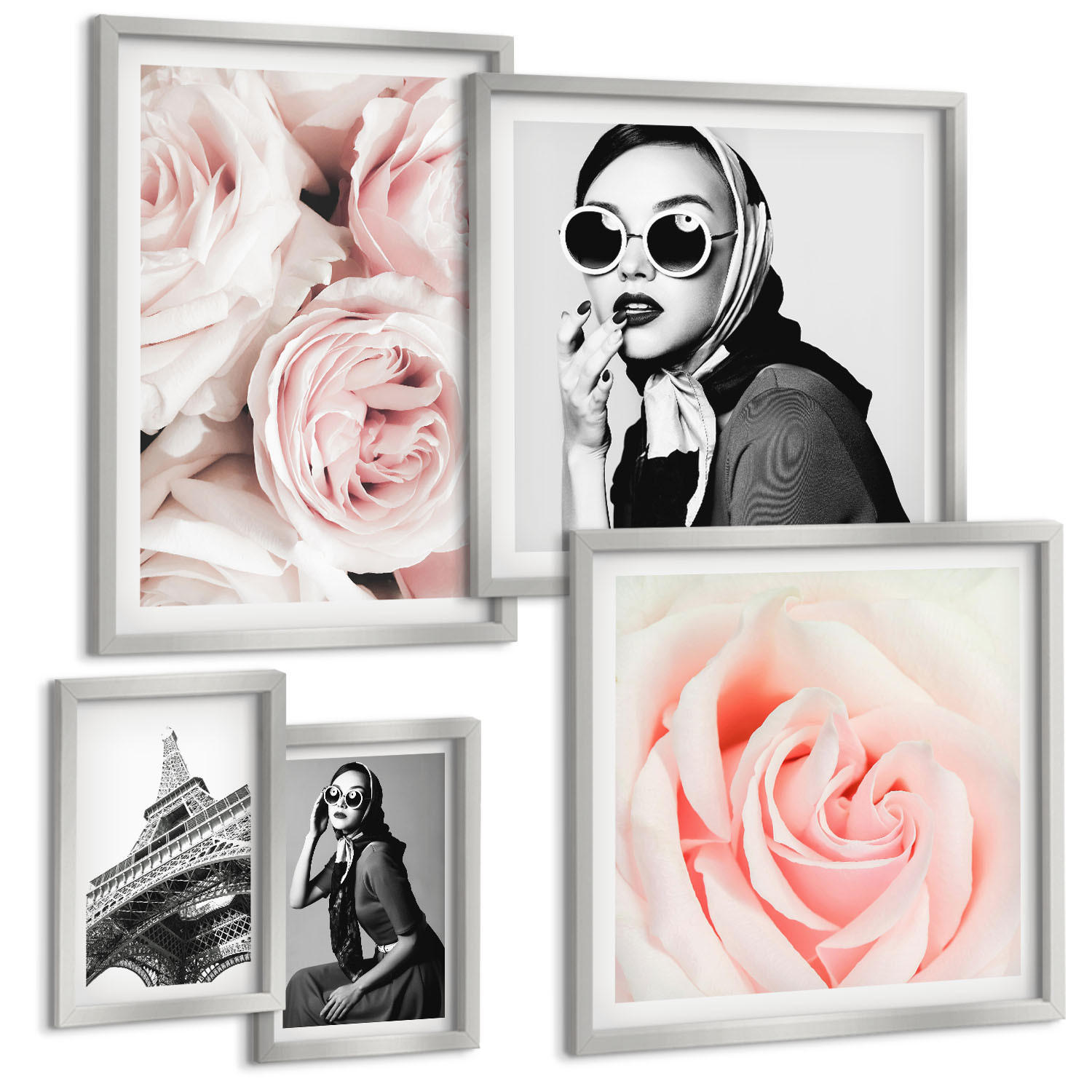 BILDER SET 5er Set - 50x50 cm & 20x30 cm & 40x60 cm Silberner Rahmen - Blumen, Pfingstrosen, Rosen, Eleganz - Silberfarben, Kunststoff (40/60cm) - TULUP