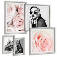BILDER SET 5er Set - 50x50 cm & 20x30 cm & 40x60 cm Silberner Rahmen - Blumen, Pfingstrosen, Rosen, Eleganz - Silberfarben, Kunststoff (40/60cm) - TULUP