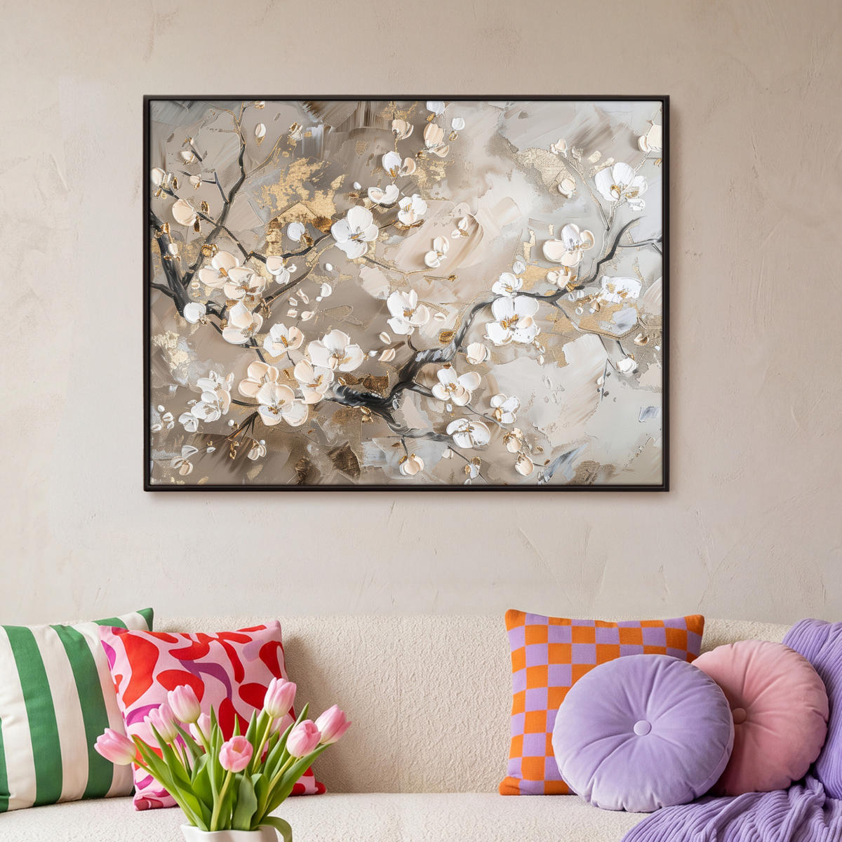 LEINWAND Bilder mit Rahmen - Blumen - Weiß - Gold - Beige - Luxus - 100x70 - Greige, Textil (100/70cm) - MuchoWow