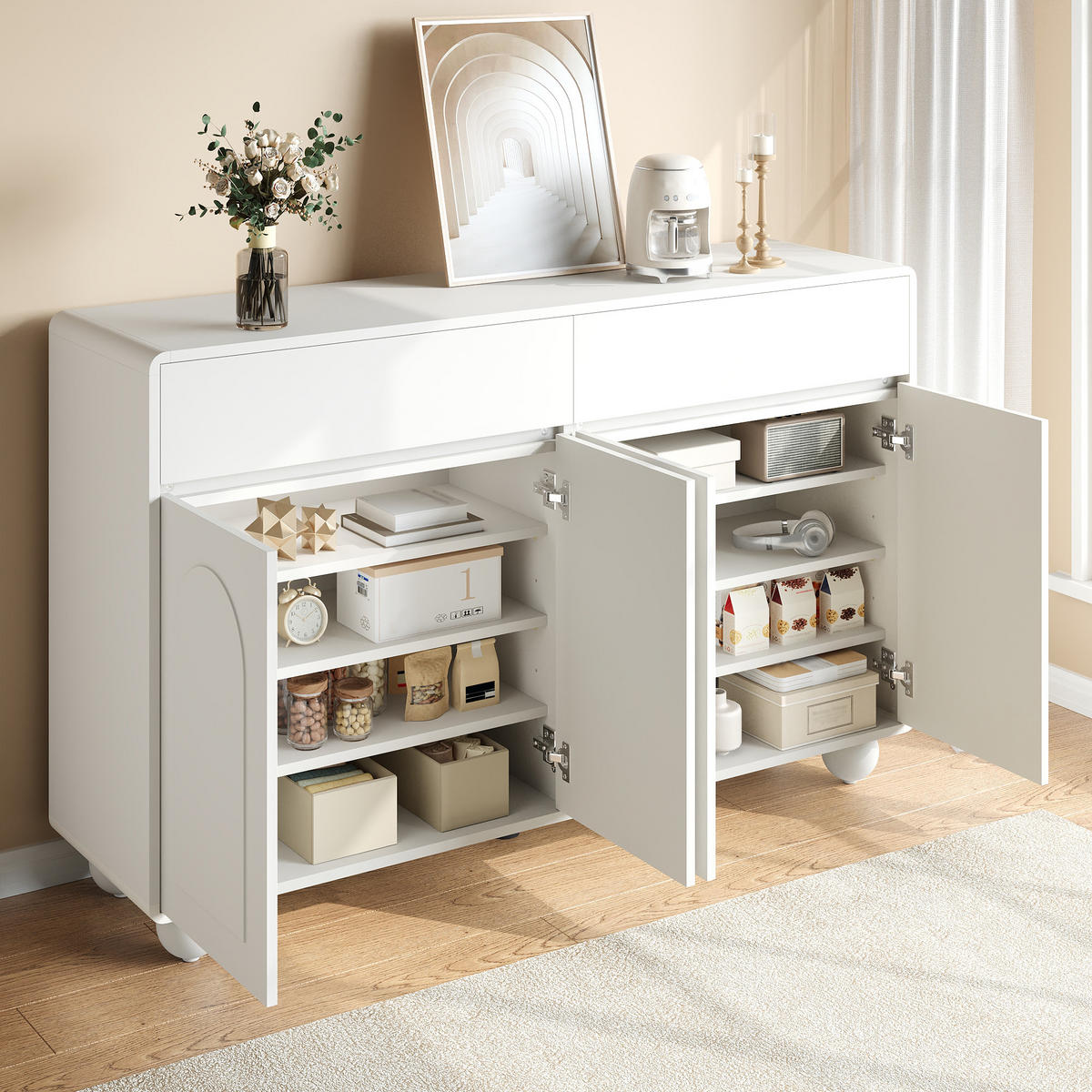 SIDEBOARD in Weiß Aufbewahrungsschrank mit Schubladen, 140 B x38 T x 89 H(cm), fürs Wohn & Schlaf - Weiß, Holzwerkstoff (140/89/38cm) - STILVORA