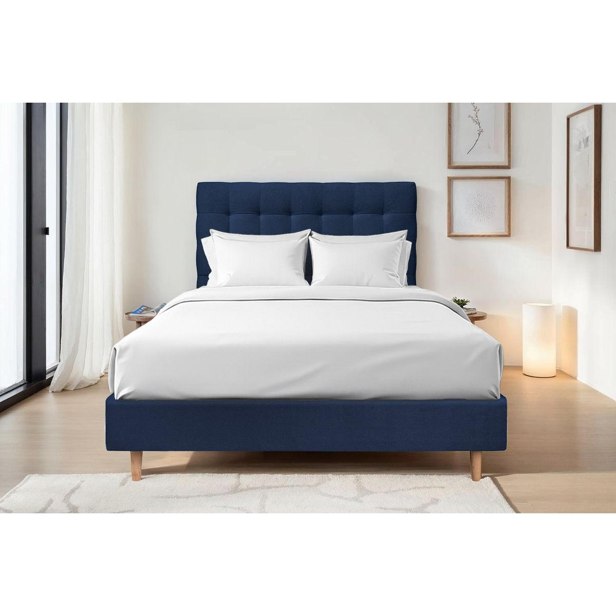 KOPFTEIL gepolstert - Gesteppt – ozeanblauer Samtstoff - 150 cm - Beige/Dunkelblau, Karton/Holz (150/120/10cm) - Sommeil de Plomb