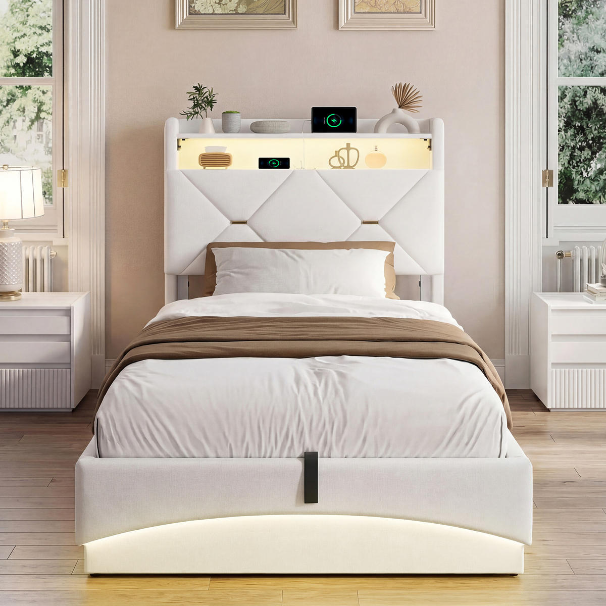 POLSTERBETT 90/200 cm，LED Bett Beige mit Stauraum & USB,Lattenrost - Beige/Naturfarben, Holz/Textil (90/200cm) - FURNISHINGS HOME
