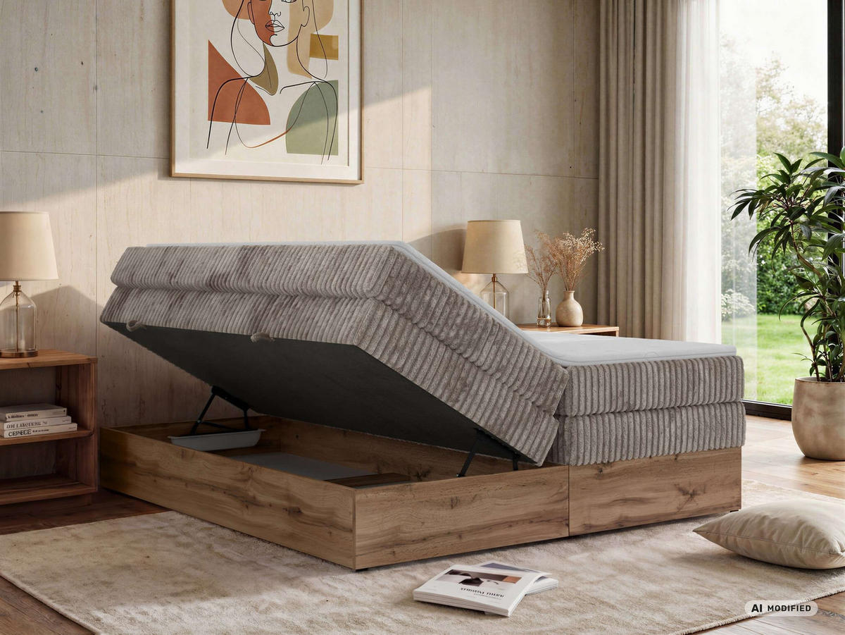 BOXSPRINGBETT WOOD ZERO KING 140/200 - Hellbraun Cord - Topper T25 - H4 - Hellbraun/Schwarz, Kunststoff/Textil (140/200cm) - MKS