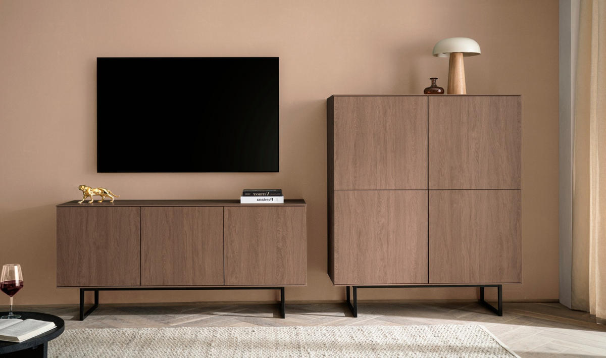 WOHNWAND in Nussbaum 2-teilig 280 cm, Wohnkombination mit Push-to-Open - Nussbaumfarben/Schwarz, Holzwerkstoff/Metall (280/137/40cm) - Furn.Design