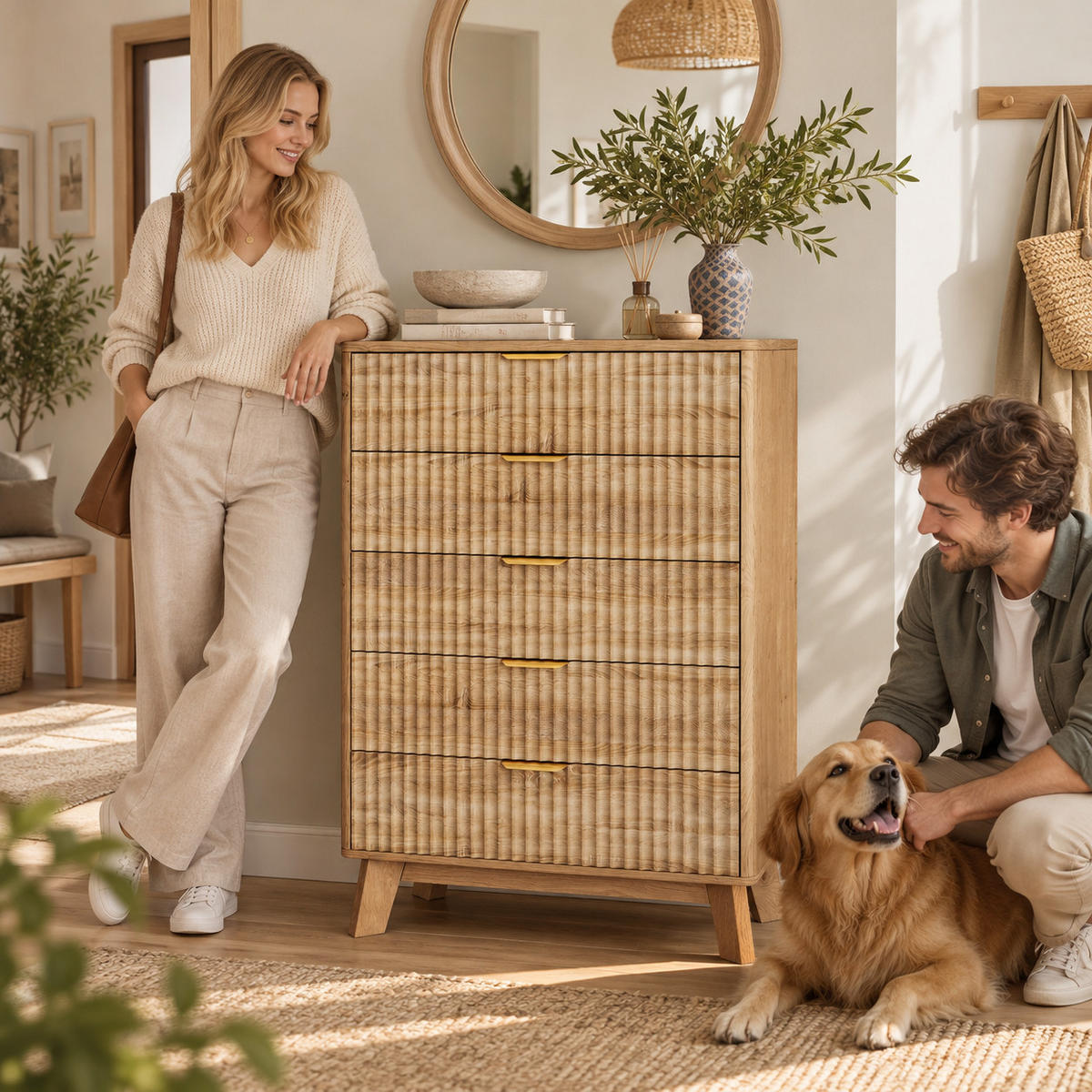 KOMMODE mit vertikaler Rillenfront, 5 Schubladen Stauraum, Eiche hell, 40/73/108cm - Eichefarben, Holz (73/108/40cm) - Joyfair