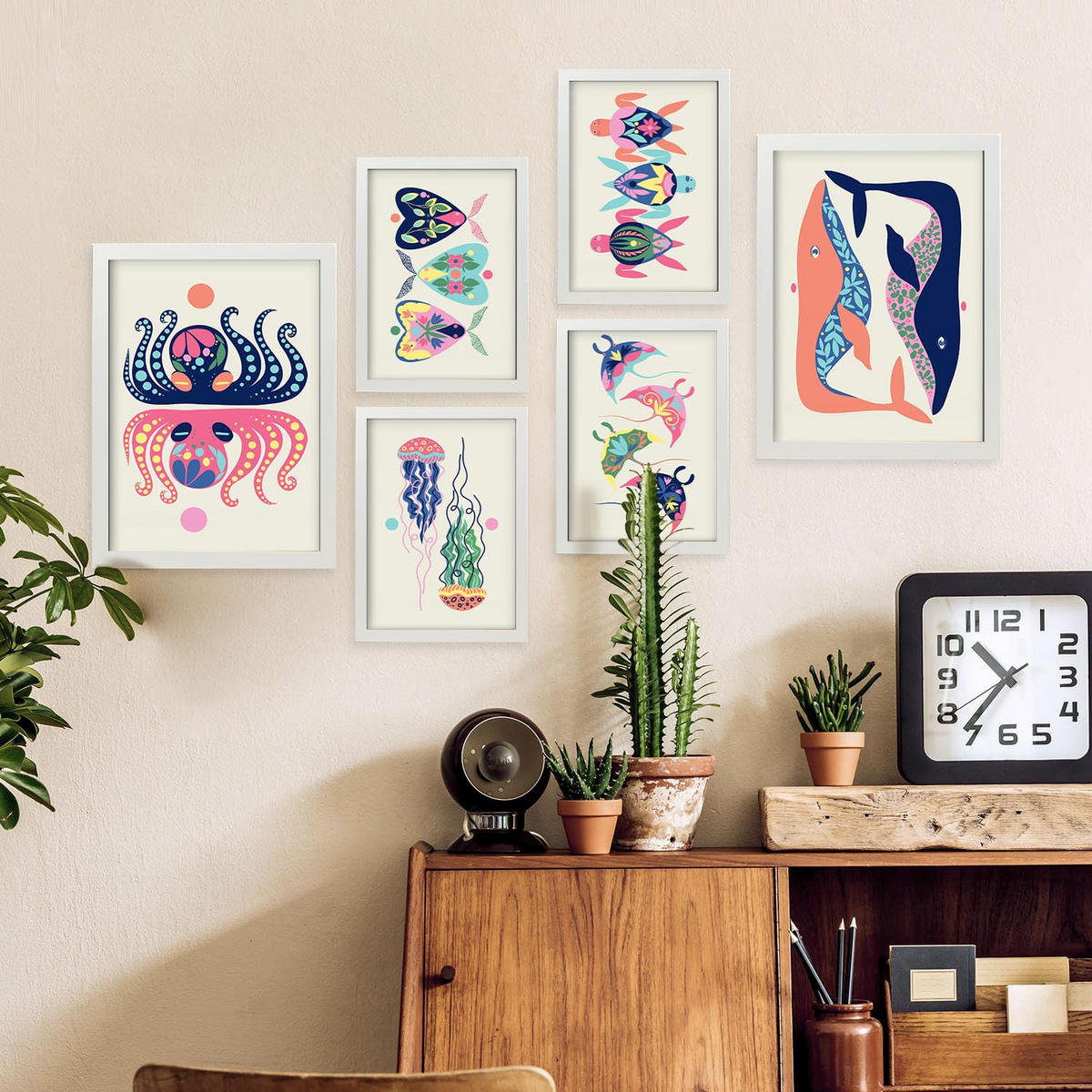 POSTER Set Mit 6 Kreaturen Frames 2 In Tiere Abstracts Ästhetische Dekorative Gemälde Für Ihr Wohnzimmer, Schlafzimmer, Zuhause A3 & A4 Weißer Rahmen - Weiß, Papier (29/3cm) - Nacnic