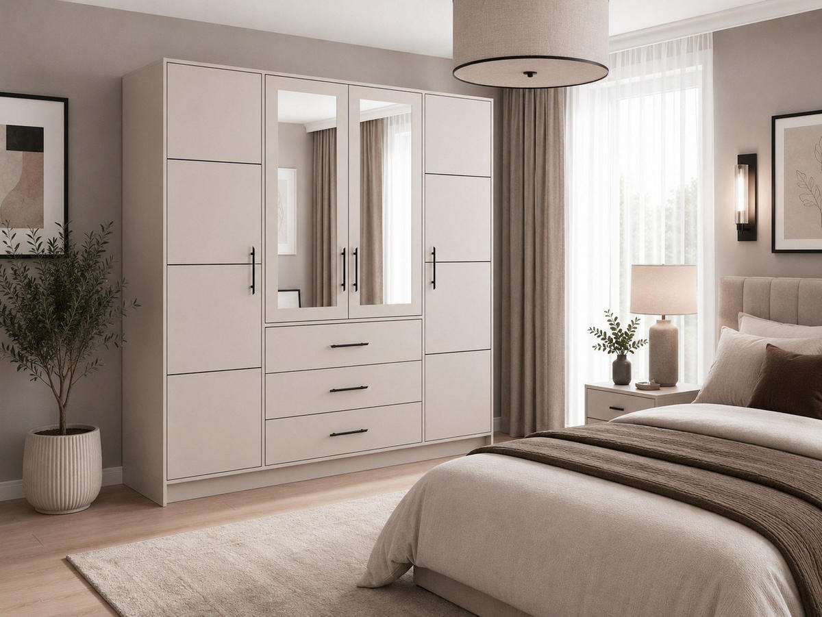 DREHTÜRENSCHRANK ELISE 196/200/57,5cm 4-türig mit Spiegel Kaschmir - Kaschmir, Holzwerkstoff (196/200/57.5cm) - MASSENO