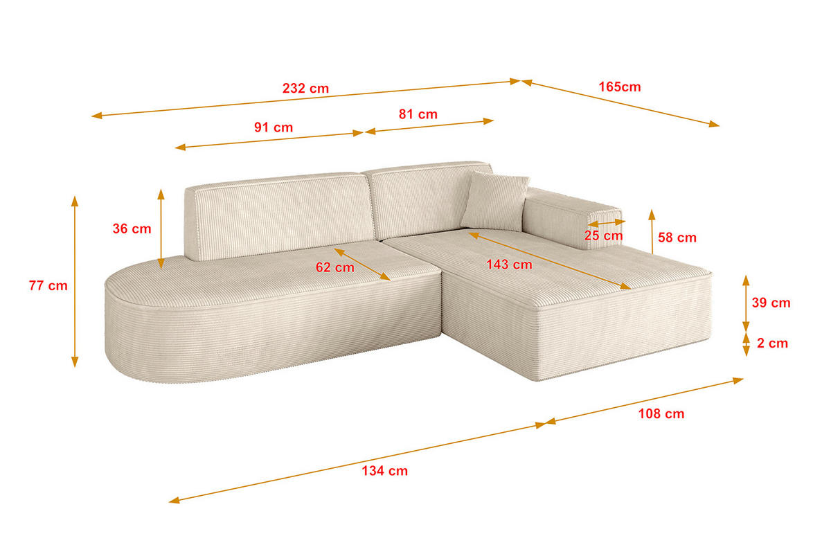 ECKSOFA Ottomane Rechts IREA-L1-v4 - 232x165x77 cm Beige - Champagner/Beige, Holzwerkstoff/Textil (232/165cm) - ALTDECOR