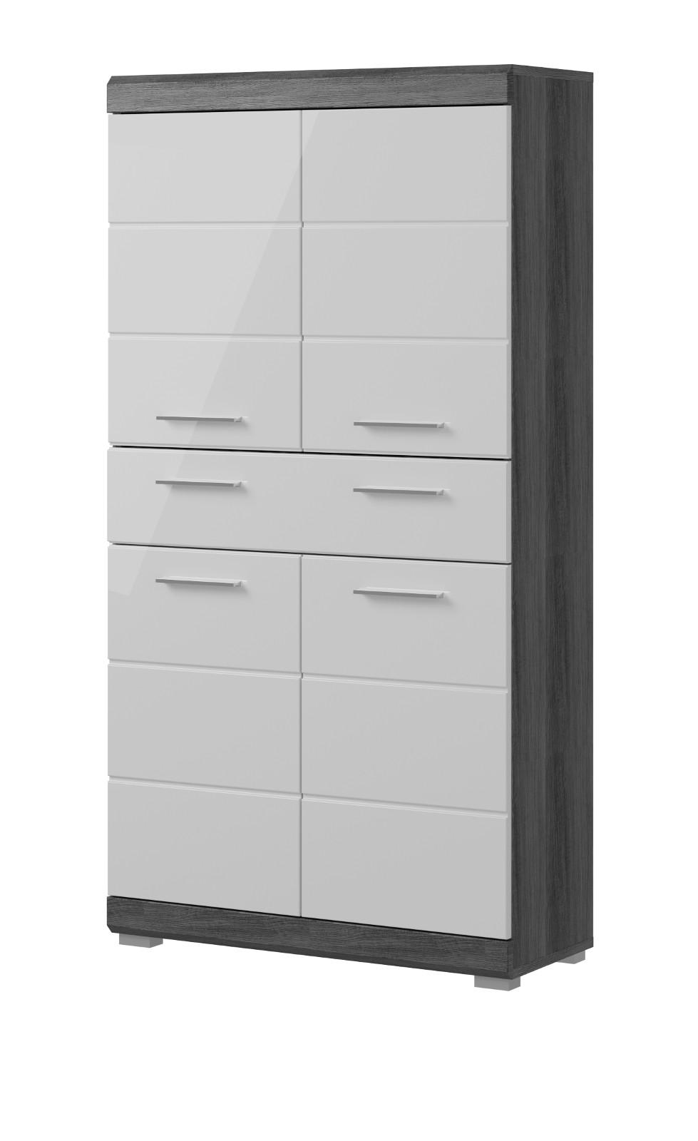 MIDISCHRANK weiß Hochglanz, grau 74 cm, Badschrank 4-türig - Weiß Hochglanz/Silberfarben, Holzwerkstoff/Kunststoff (74/141/31cm) - Inn.Furn