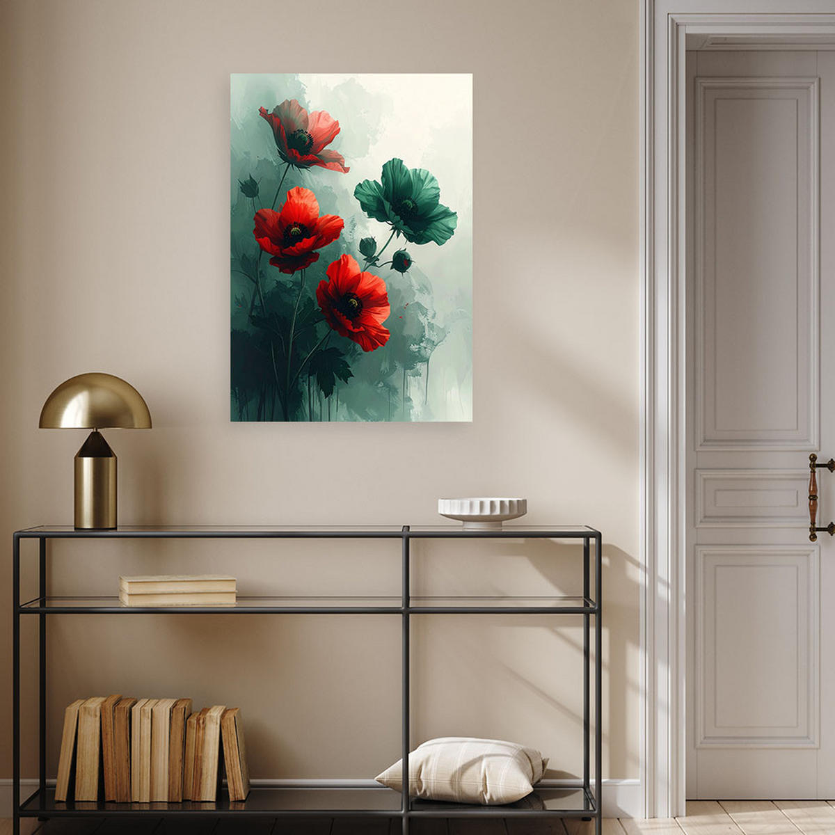 WANDBILD, Rot grüne botanische Blumen - Grün, Textil (70/100cm) - Feeby