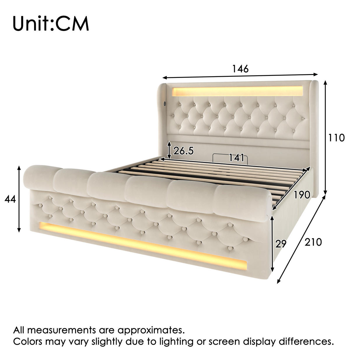 SAMT-POLSTERBETT 140/190 cm Beige mit Bettkasten, LED und USB-C-Ladefunktion - Beige, Textil (140/190cm) - BEAOK