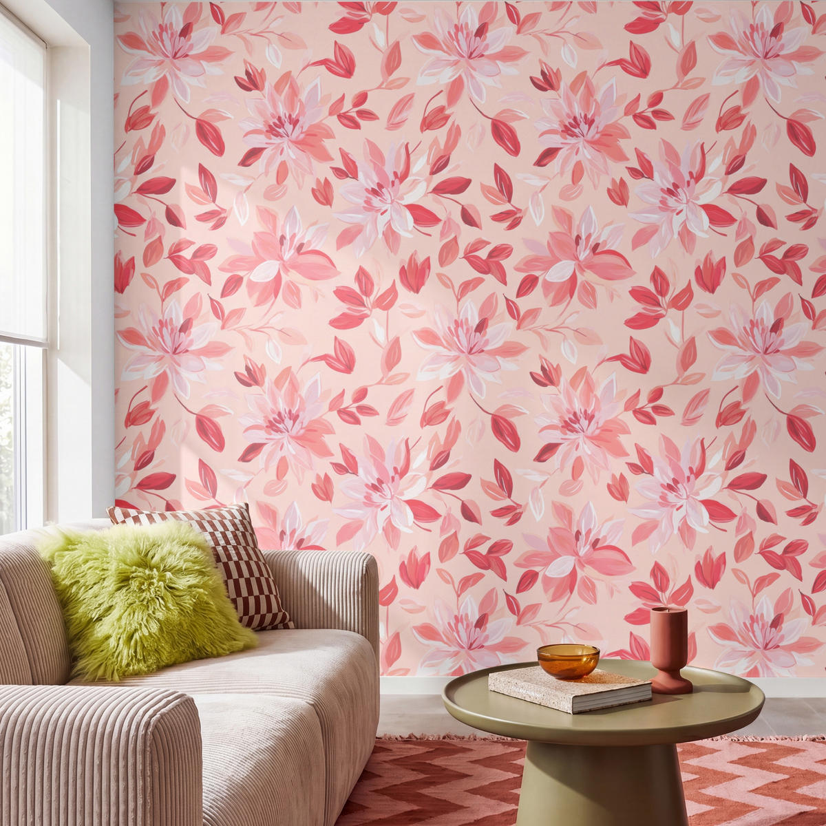 TAPETE - Botanisch - Blumen - Rot - 280x280 cm - Koralle, Papier (280/280cm) - OnlyWow