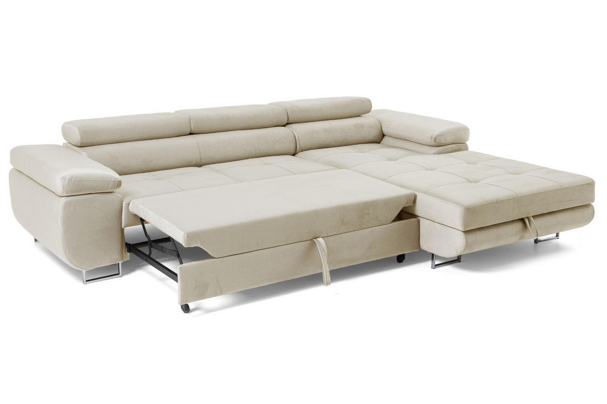 ECKSOFA ALONZO L Rechts mit Schlaffunktion 125x195 Velours Beige - Beige/Silberfarben, Holz/Textil (203/275cm) - Muffo