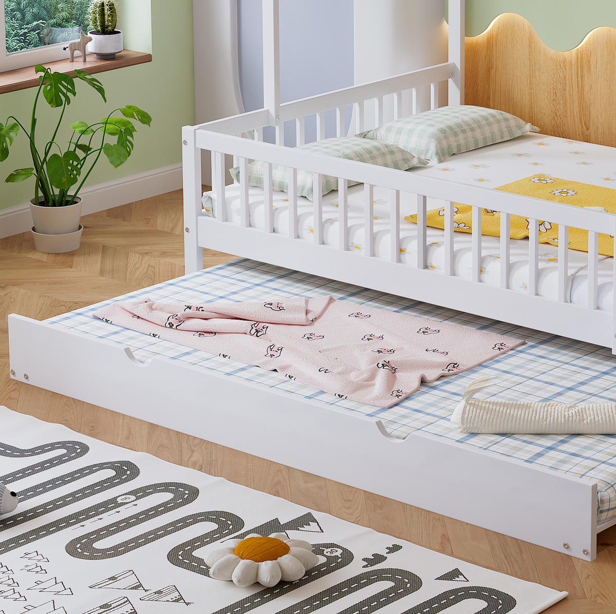 KINDERBETT 120/200 cm mit Rollbett, Dach und 3-seitigem Gitter, Weiß - Weiß, Holzwerkstoff (120/200cm) - Redom