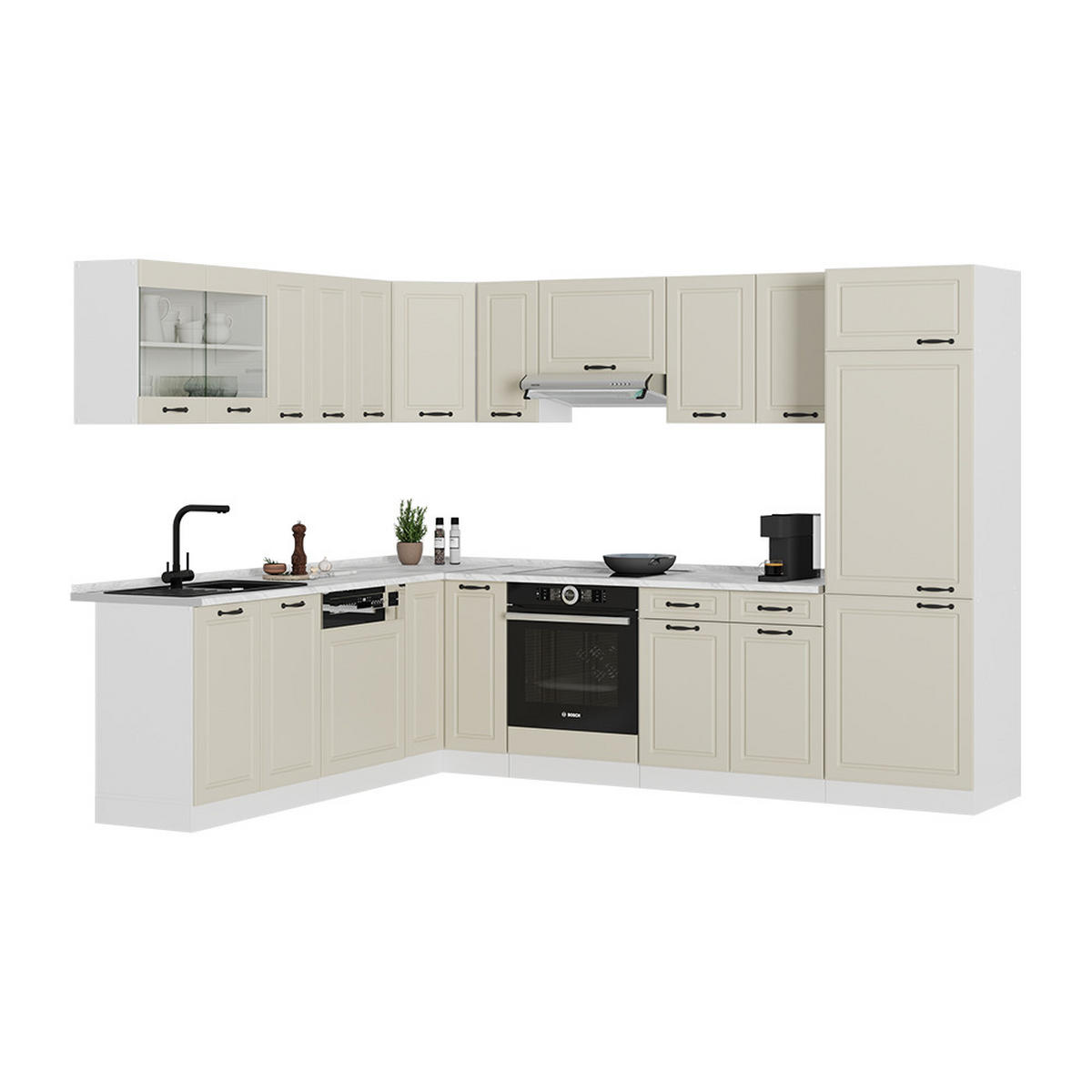 ECKKÜCHE R-Line, Sand Landhaus/Weiß, 287 x 227 cm - Beige/Weiß, Holzwerkstoff (287/206.8/60cm) - Vicco