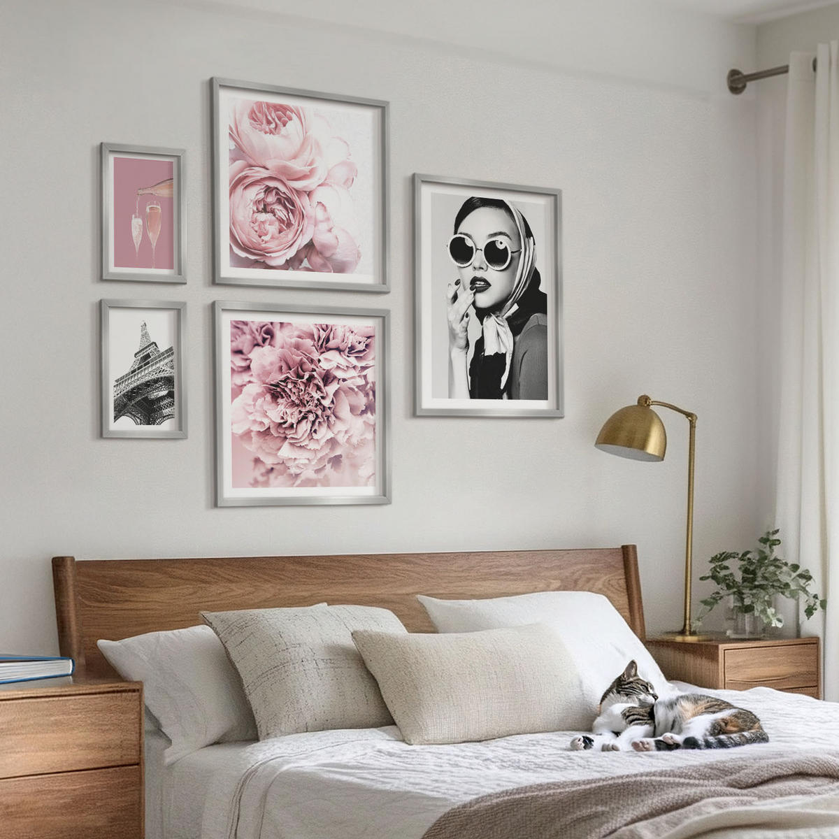 WANDBILDER 5er Set - 50x50 cm & 20x30 cm & 40x60 cm Silberner Rahmen - Porträts, Eiffelturm-Slogans - Silberfarben, Kunststoff (40/60cm) - ArtPrintCave