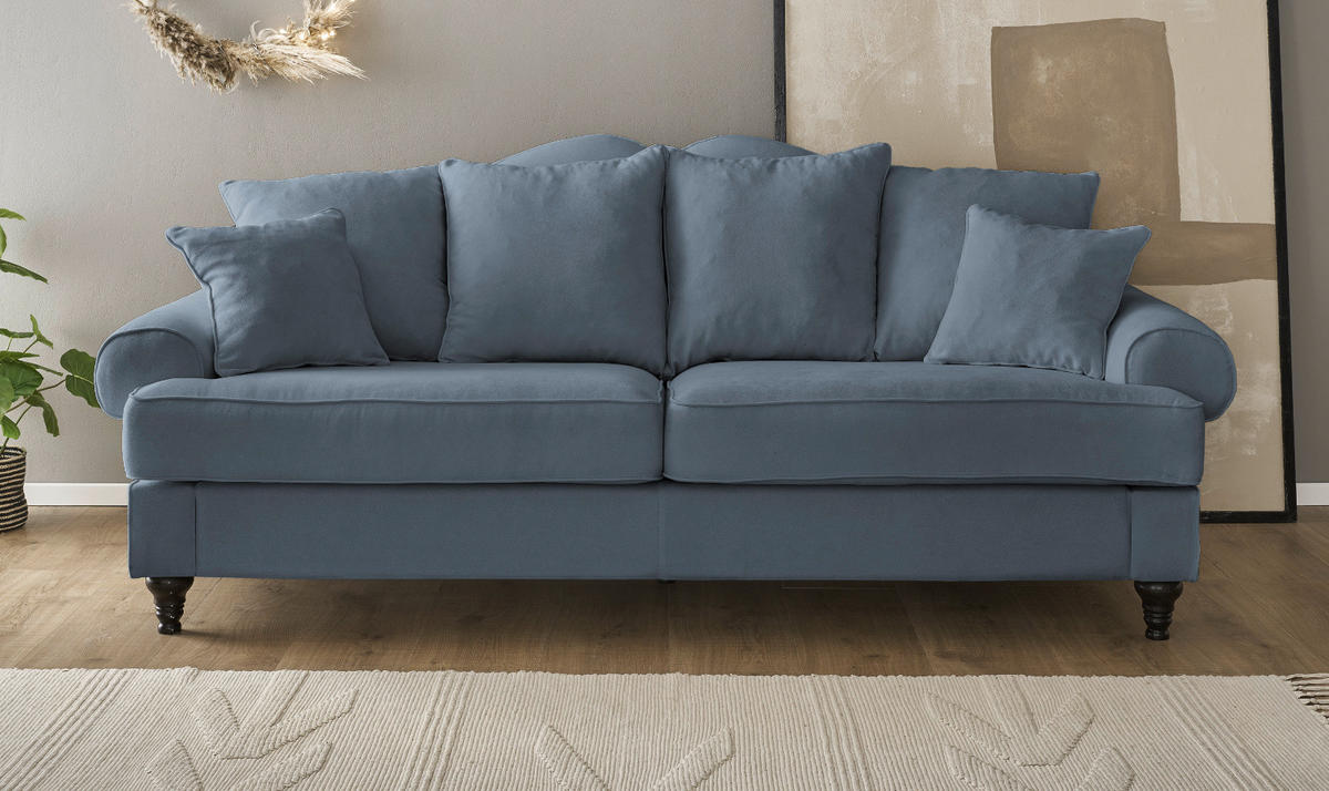 SOFA blau Landhaus, Couch 3,5-Sitzer 230 cm - Blau, Holz/Textil (230/95/100cm) - Furn.Design
