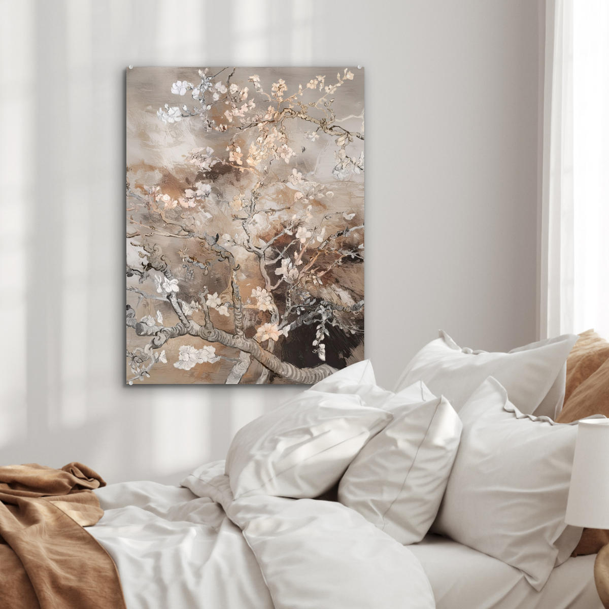 ACRYLGLASBILD Mandelblüte - Kunst - Van Gogh - Beige - Abstrakt 60x80 cm - Braun, Glas (60/80cm) - MuchoWow