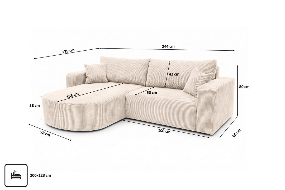 ECKSOFA Mit Schlaffunktion, Cordstoff Poso, Beige, Links, ROUND ONE - Creme, Holz (244/175cm) - Kaiser Möbel