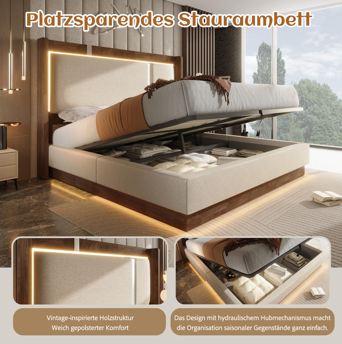 POLSTERBETT aus Leinen, Holz und Metall 180x200 cm Beige/Walnuss mit LED-Beleuchtung, Bettkasten und Lattenrost - Beige, Textil (180/200cm) - Modfu