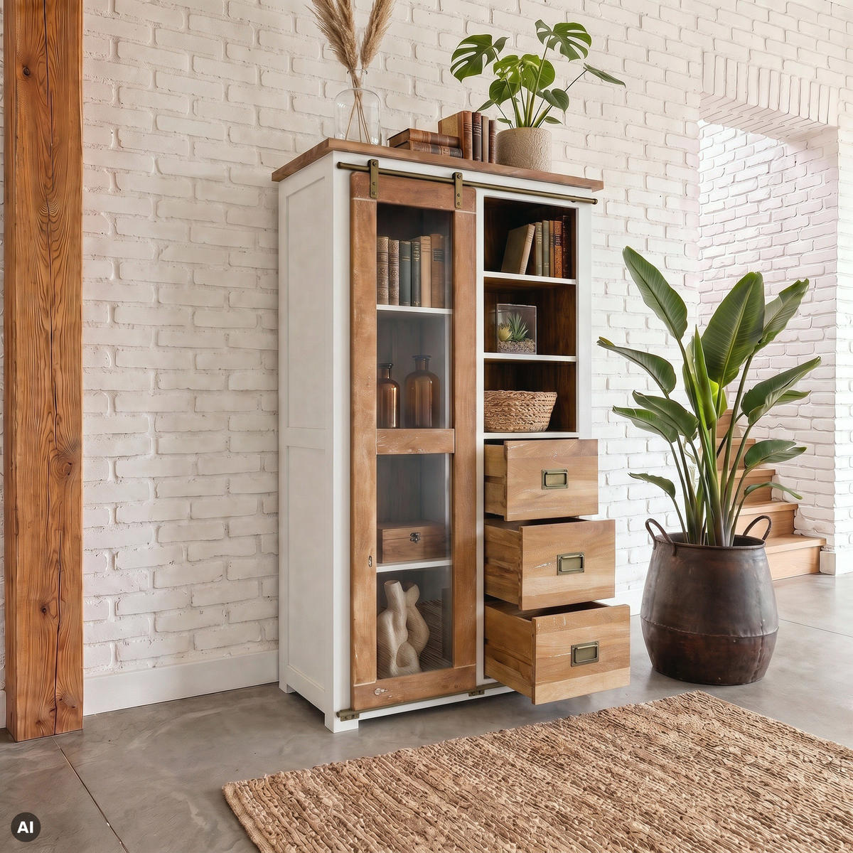 VITRINE Mango 100x45x175 weiß lackiert RAILWAY #526 - Weiß, Holz (100/175/45cm) - Massivmoebel24