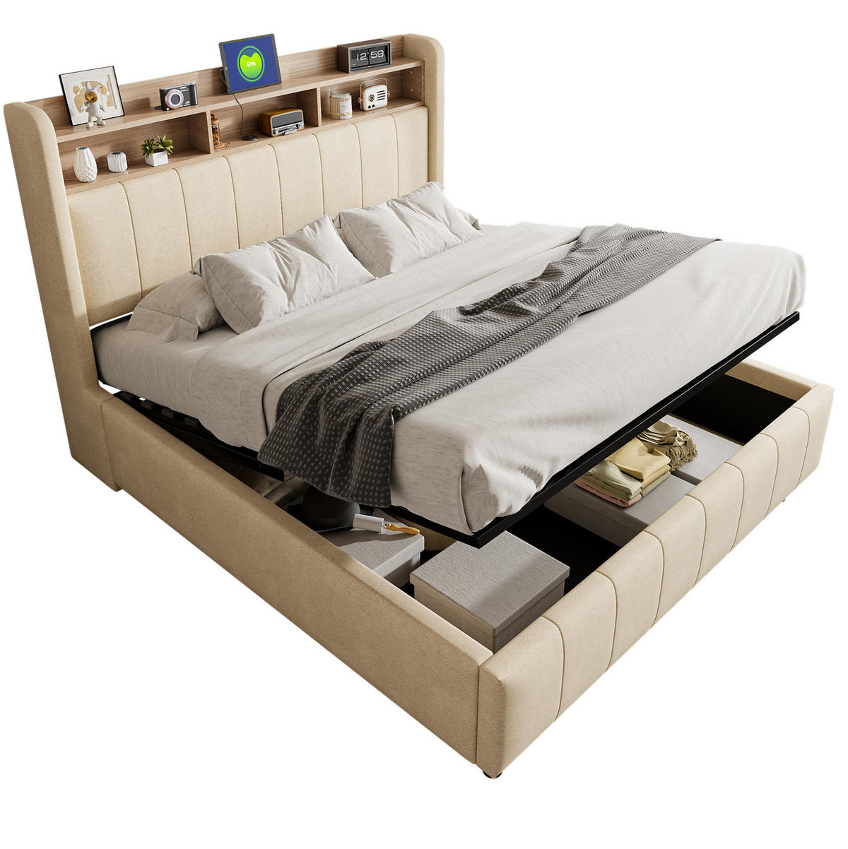 ČALÚNENÁ posteľ z ľanovej tkaniny 160x200 cm béžová s LED osvetlením, USB a úložným priestorom - béžová, textil (160/200cm) - Modfu