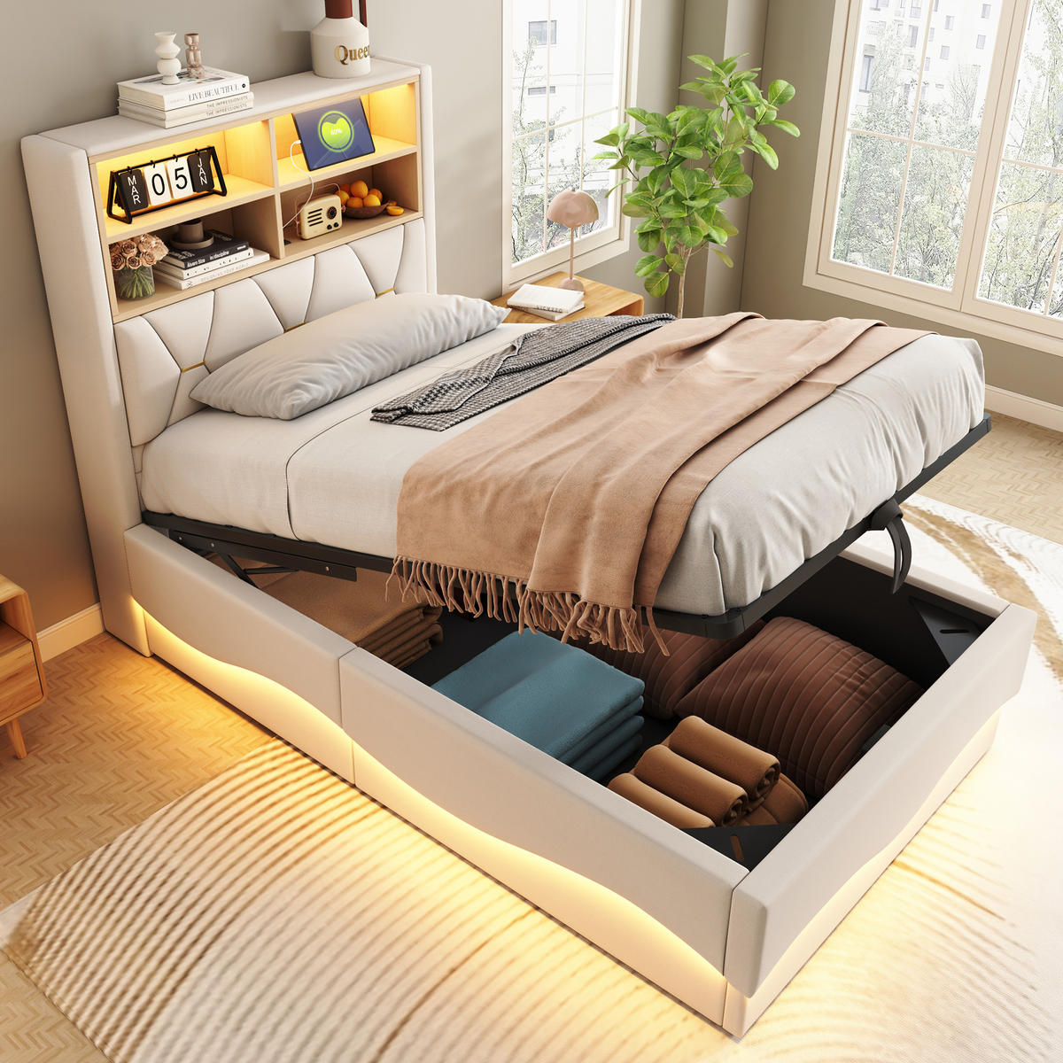 POLSTERBETT aus Leinen und Metall 90x200 cm in Beige mit LED & USB & Stauraum - Beige, Textil (90/200cm) - Modfu