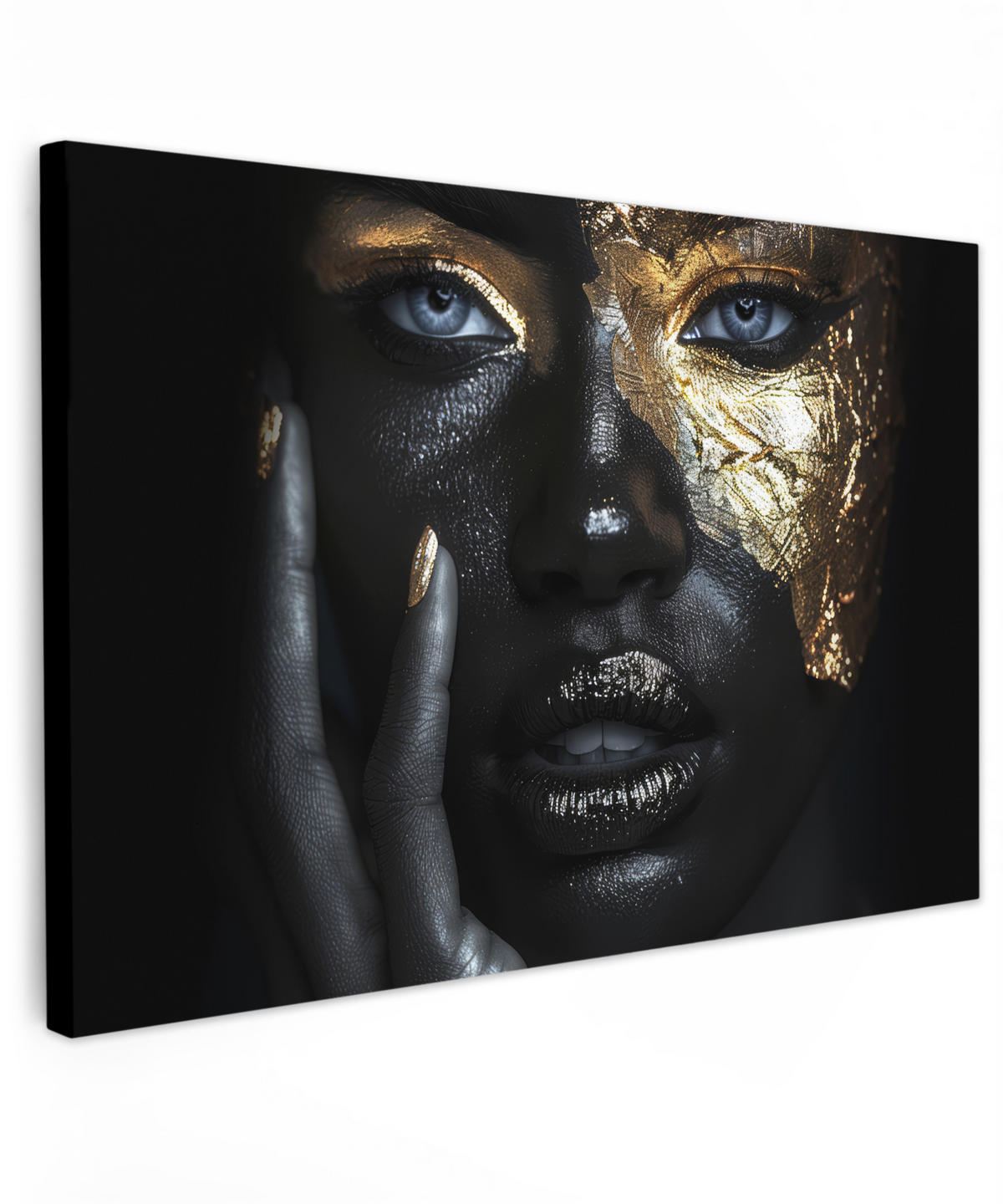 LEINWANDBILD Frau - Gold - Porträt - Schwarz-Weiß - Luxus Groß 140x90 cm - Hellblau, Textil (140/90cm) - MuchoWow