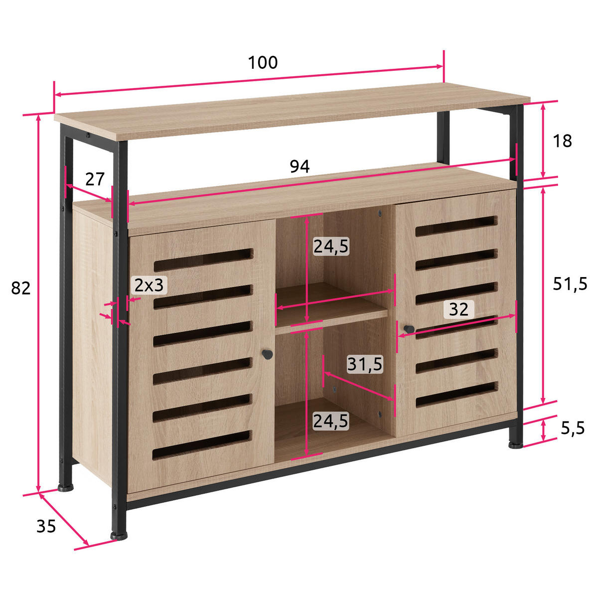 SIDEBOARD Warrington,mit höhenverstellbaren Kunststofffüßen, 100 x 37 x 82 cm,Industrial Holz hell, Eiche Sonoma - Naturfarben, Holzwerkstoff (37/82/100cm) - tectake