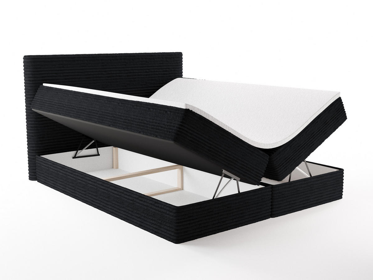 BOXBETT RAVENO mit Bettkasten 160x200 cm inkl. Bonell-Federkernmatratze H3 und Topper – Polsterbett Stoff ASTI Schwarz - Schwarz, Textil (160/200cm) - Luxkor24