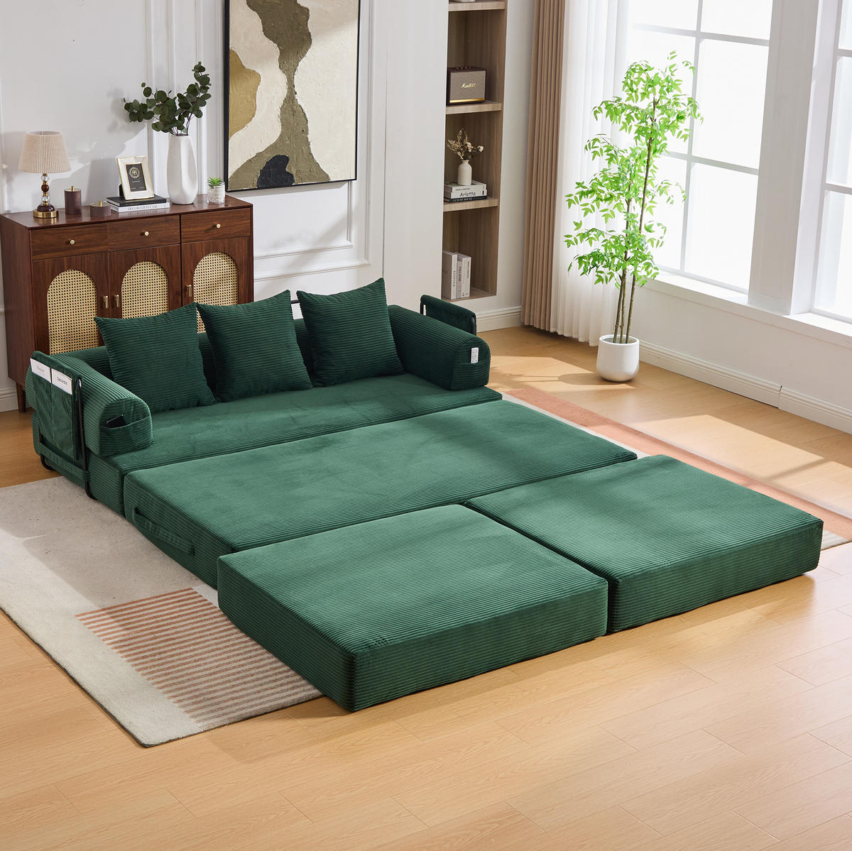 MODULARES Sofa 200/190/67 cm aus Cord mit Hocker und Seitentasche Smaragdgrün - Smaragdgrün, Textil (190/67/200cm) - Modenvie