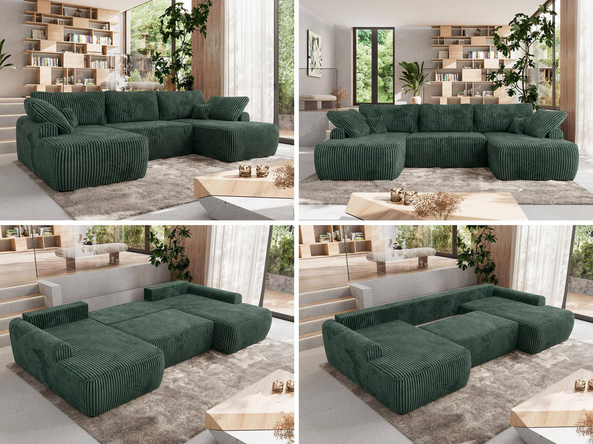 WOHNLANDSCHAFT CUBO U Grün Cord - Schwarz/Grün, Kunststoff/Textil (370/100/187cm) - MKS