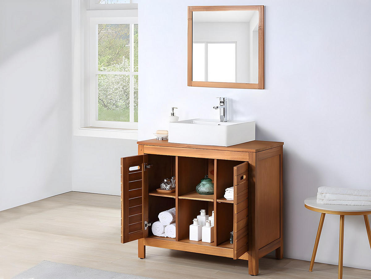EINZELWASCHTISCH - 90 cm x 50 cm - Keramik, Holz, Platte - Naturfarben Dunkel - PULUKAN - Naturfarben, Keramik/Holz (90/83/50cm) - Vente-Unique