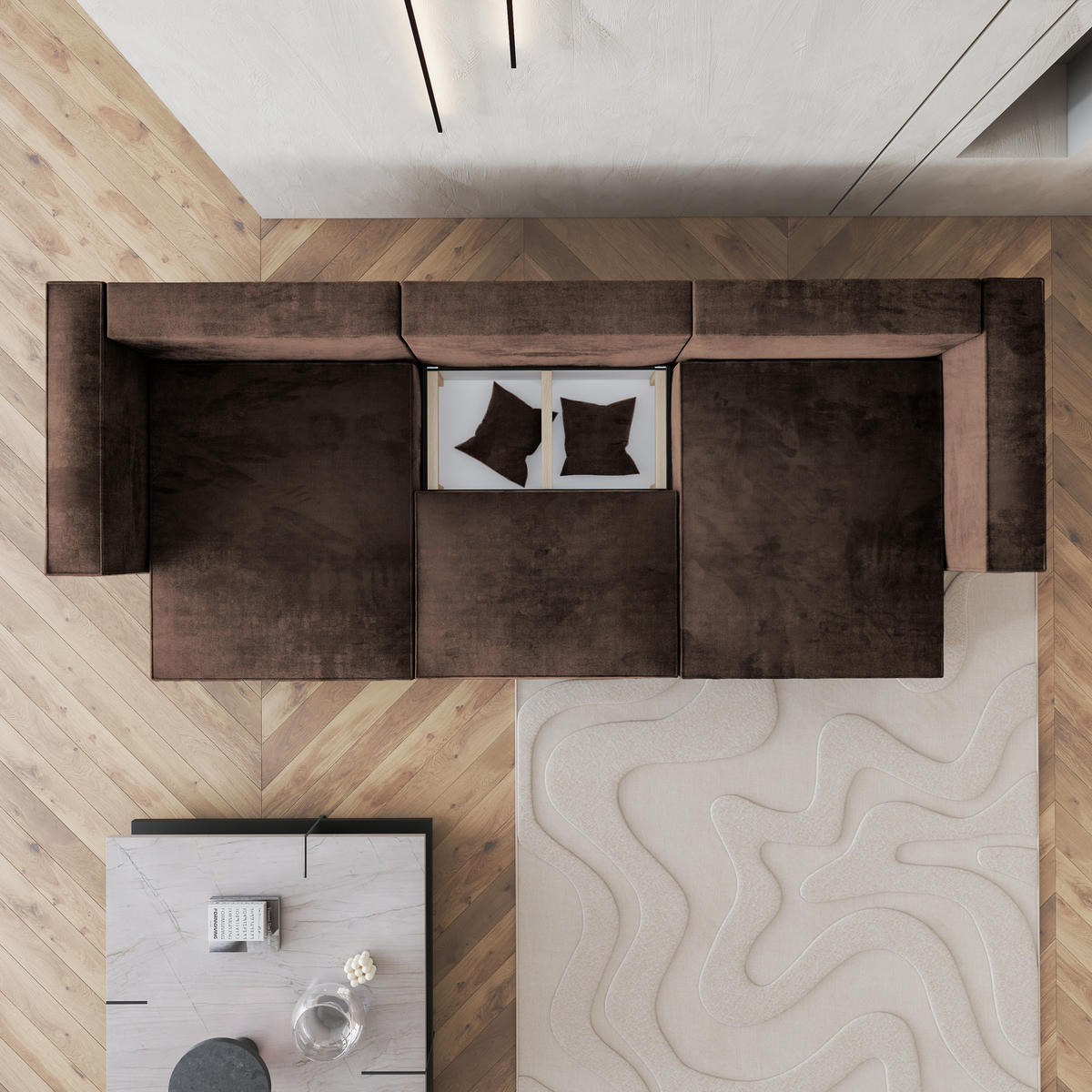 WOHNLANDSCHAFT SARMO M Braun Velours-Stoff mit Schlaffunktion - Braun, Holz (347/70/148cm) - MASSENO