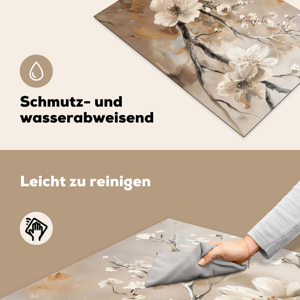 HERDABDECKPLATTE Blumen - Abstrakt - Gemalt - Beige Herdabdeckung Induktionsfeld 75x52 cm - Beige, Kunststoff (75/52/0.2cm) - MuchoWow