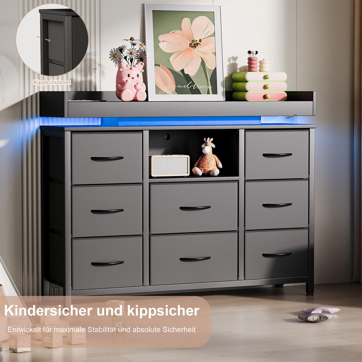KOMMODE 8 Stoffschubladen, LED, Steckdose, stabil, Stahlrahmen, Anti-Kipp, schwarz - Schwarz, Textil (108/82/30cm) - EuroLiving