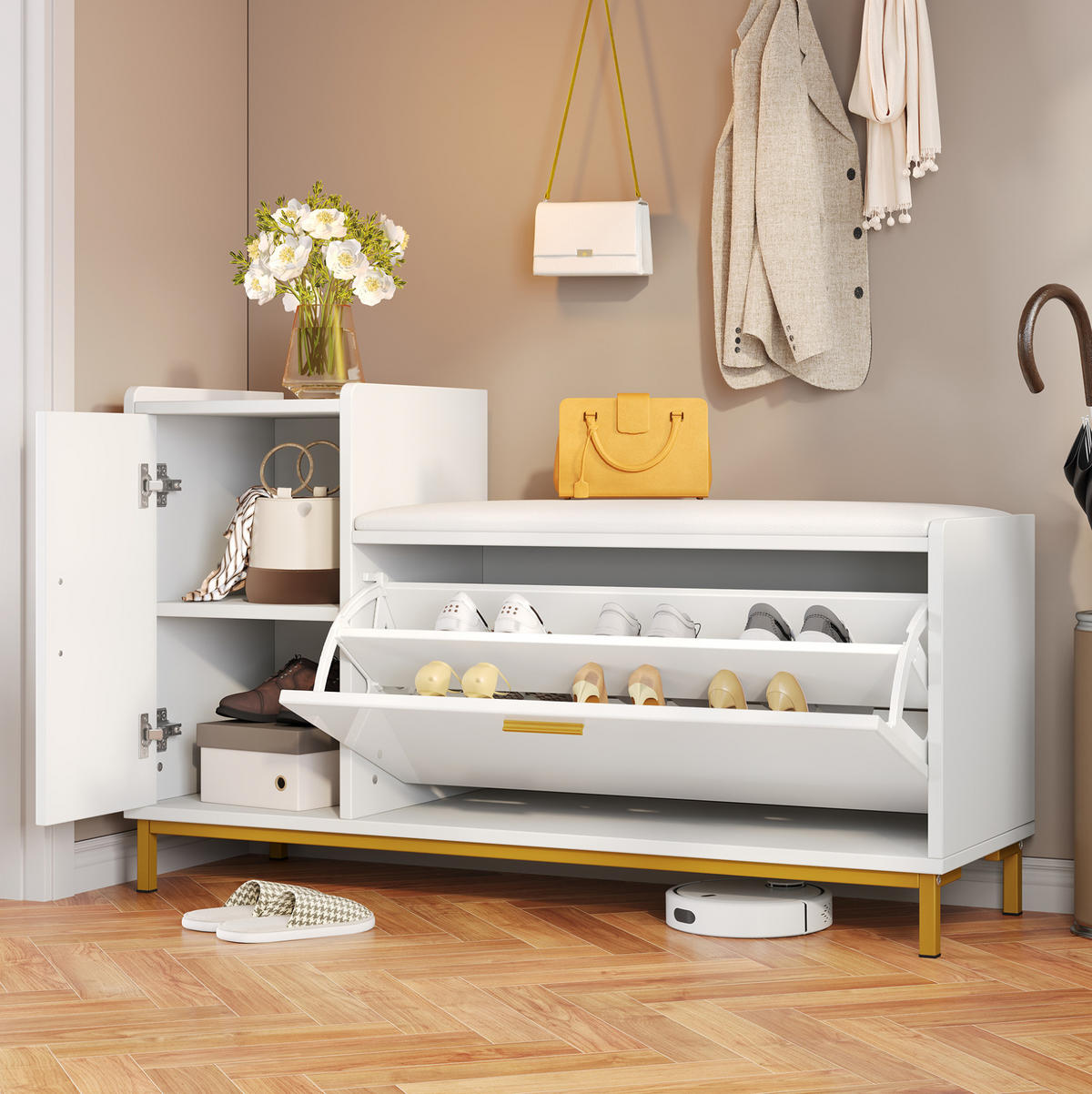 SCHUHSCHRANK 100/68/38 cm Weiß/Gold aus Spanplatte und Metall mit Sitzkissen - Weiß, Holzwerkstoff (100/68/38cm) - OKMYHOME