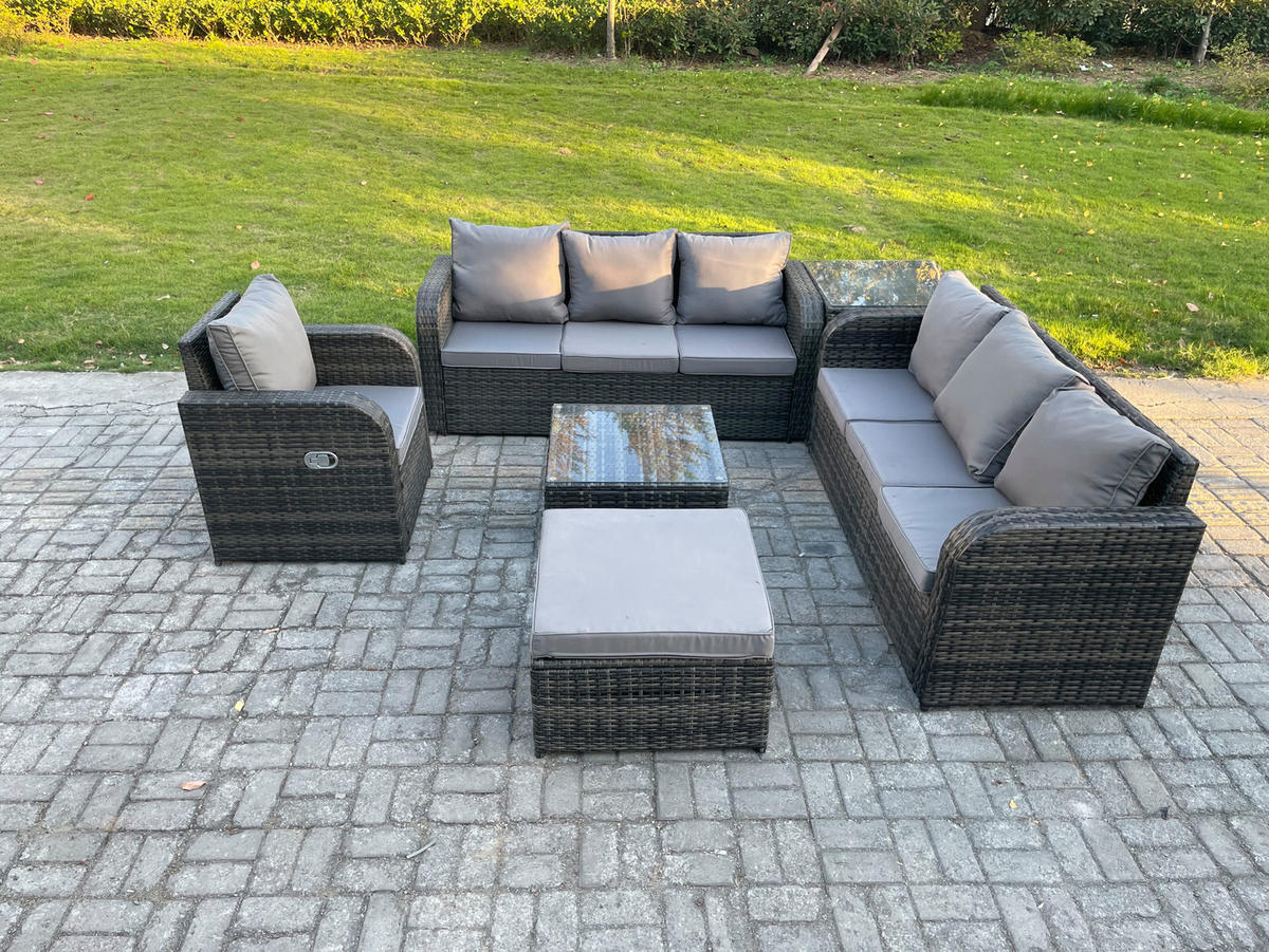 GARTENMÖBEL SET mit 3-SITZER SOFA Polyrattan Dunkelgrau 8-Sitzer - Dunkelgrau/Grau, Glas/Kunststoff - Fimous