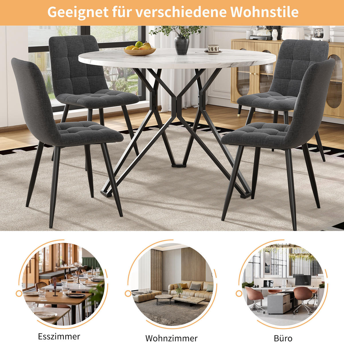 ESSTISCH rund, MDF mit Marmoroptik & Metallgestell, 100/100/76 cm, Schwarz - Schwarz, Holzwerkstoff (100/100/76cm) - Redom