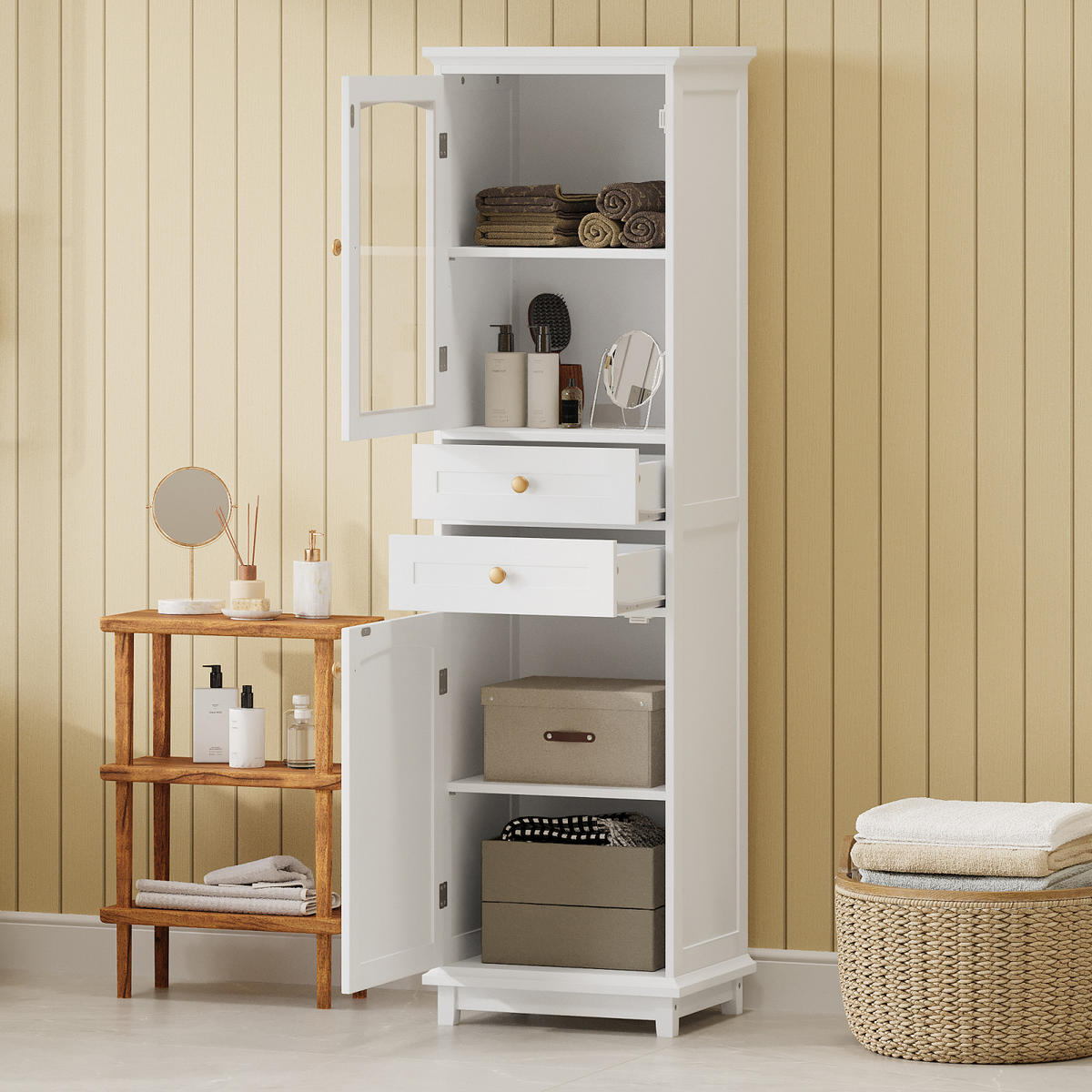 BADEZIMMERSCHRANK mit Glastüren, 2 Schränke, 2 Schubladen, verstellbare Einlegeböden, Weiß - Weiß, Holz (45/160/36cm) - PARAFTA HOME