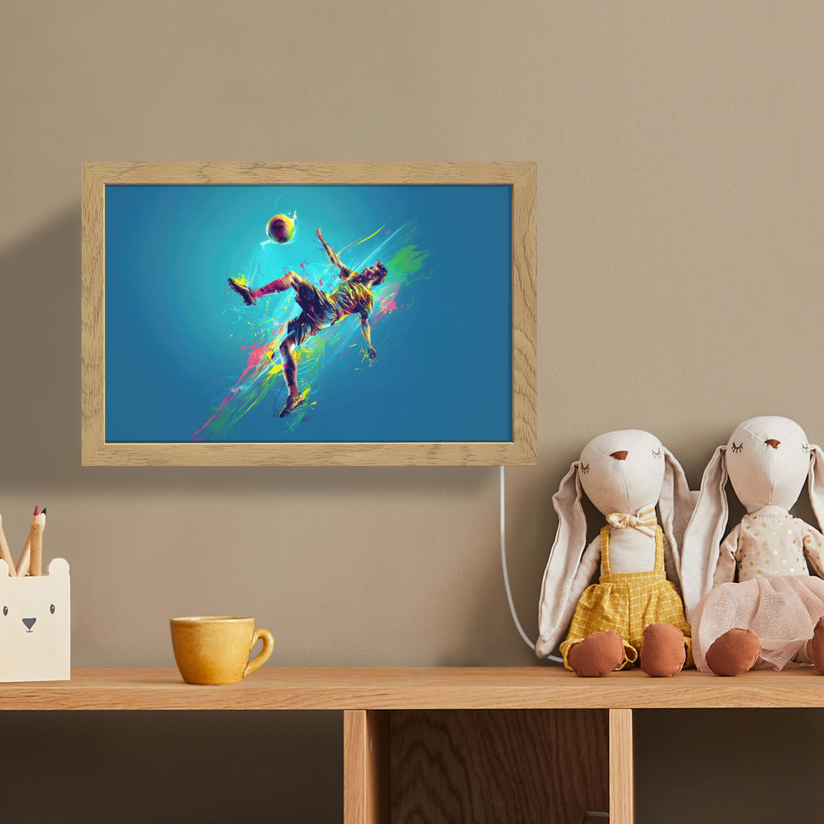 NÁSTĚNNÁ LAMPA Fotbalista - Stříkající barva - Barevné - Míč 30x20 cm - modrá, kompozitní dřevo (30/20/8cm) - OnlyWow