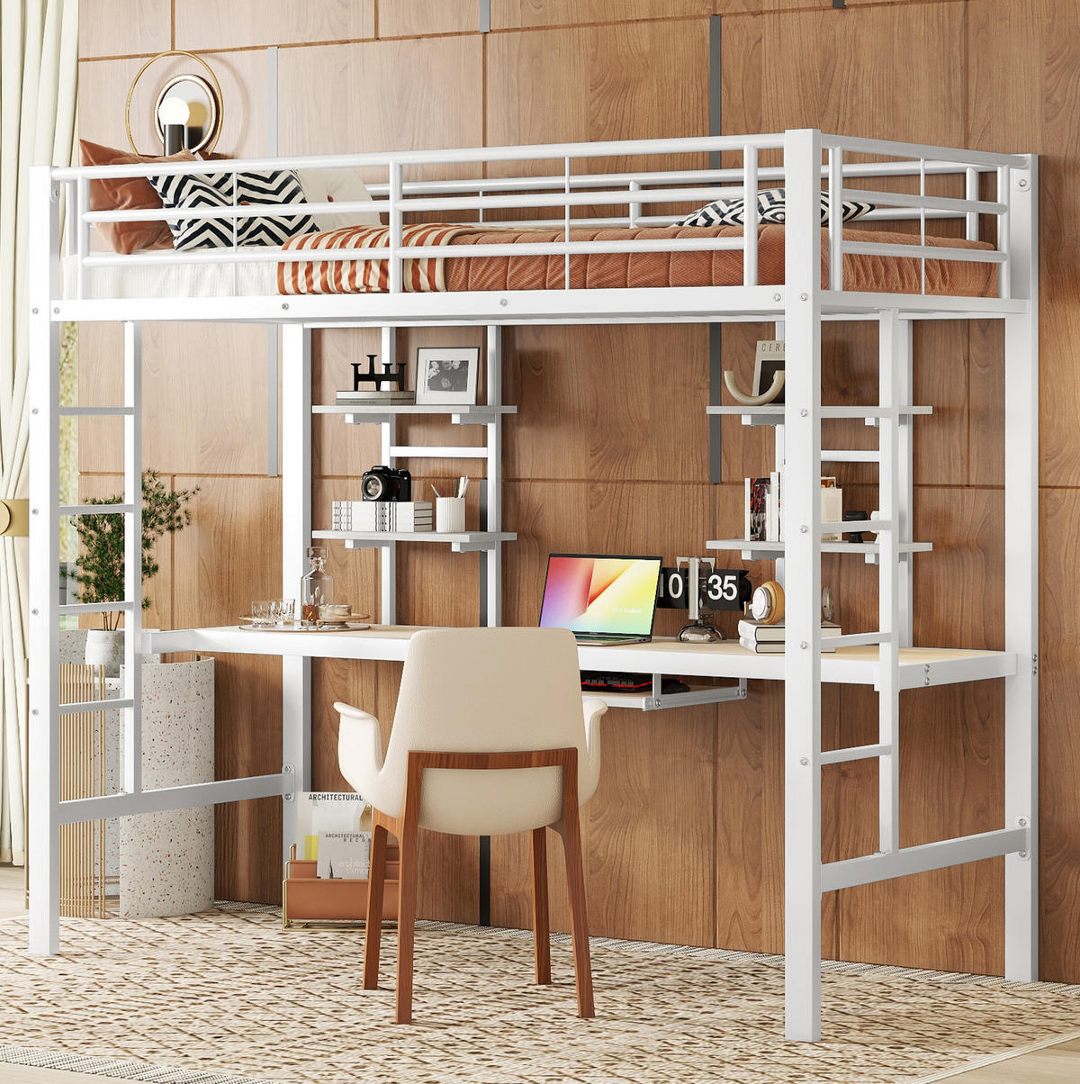 HOCHBETT 90/200 cm Weiß aus Metall mit Schreibtisch und 2 Regalen - Weiß, Metall (90/200cm) - OKMYHOME