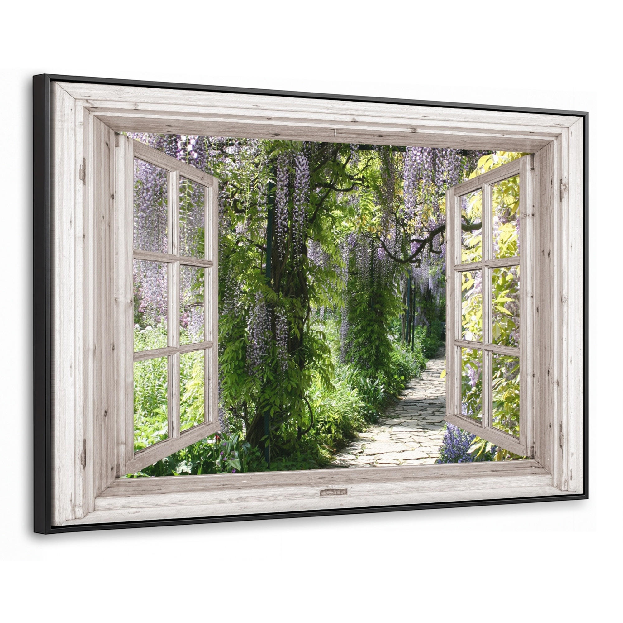 LEINWAND Bilder mit Rahmen - Blauer Regen - Blumen - Aussicht - Baum - Frühling - 150x100 - Grün, Textil (150/100cm) - MuchoWow