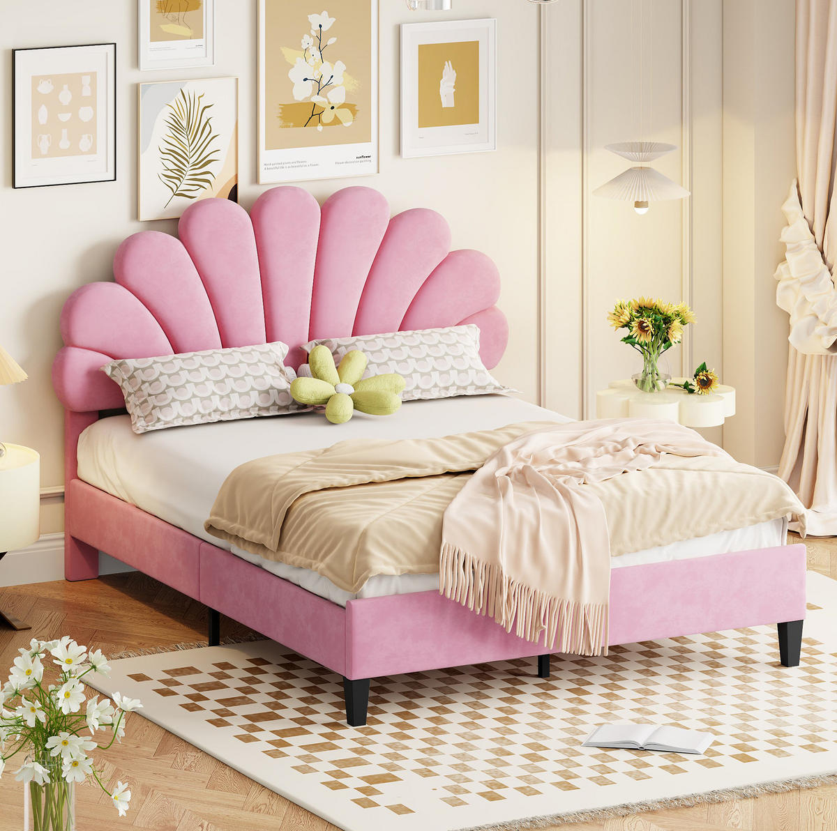 BETT mit Blumenkopfteil und Lattenrost 140x200 cm Samt Pink - Pink, Metall (140/200cm) - Beauniv