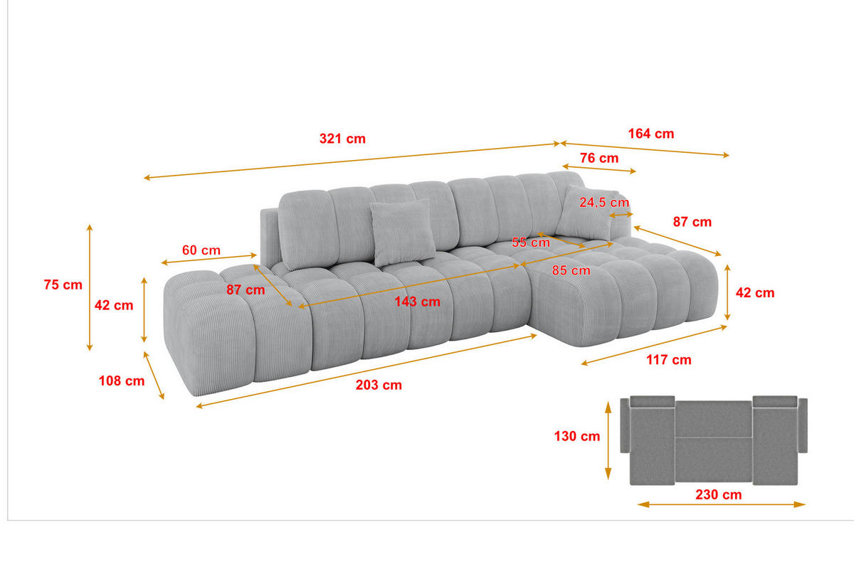 ECKSOFA mit Schlaffunktion Ottomane RECHTS OLEA-L2 321x164x75 Grau Cord - Chromfarben/Schwarz, Holzwerkstoff/Kunststoff (164/321cm) - ALTDECOR