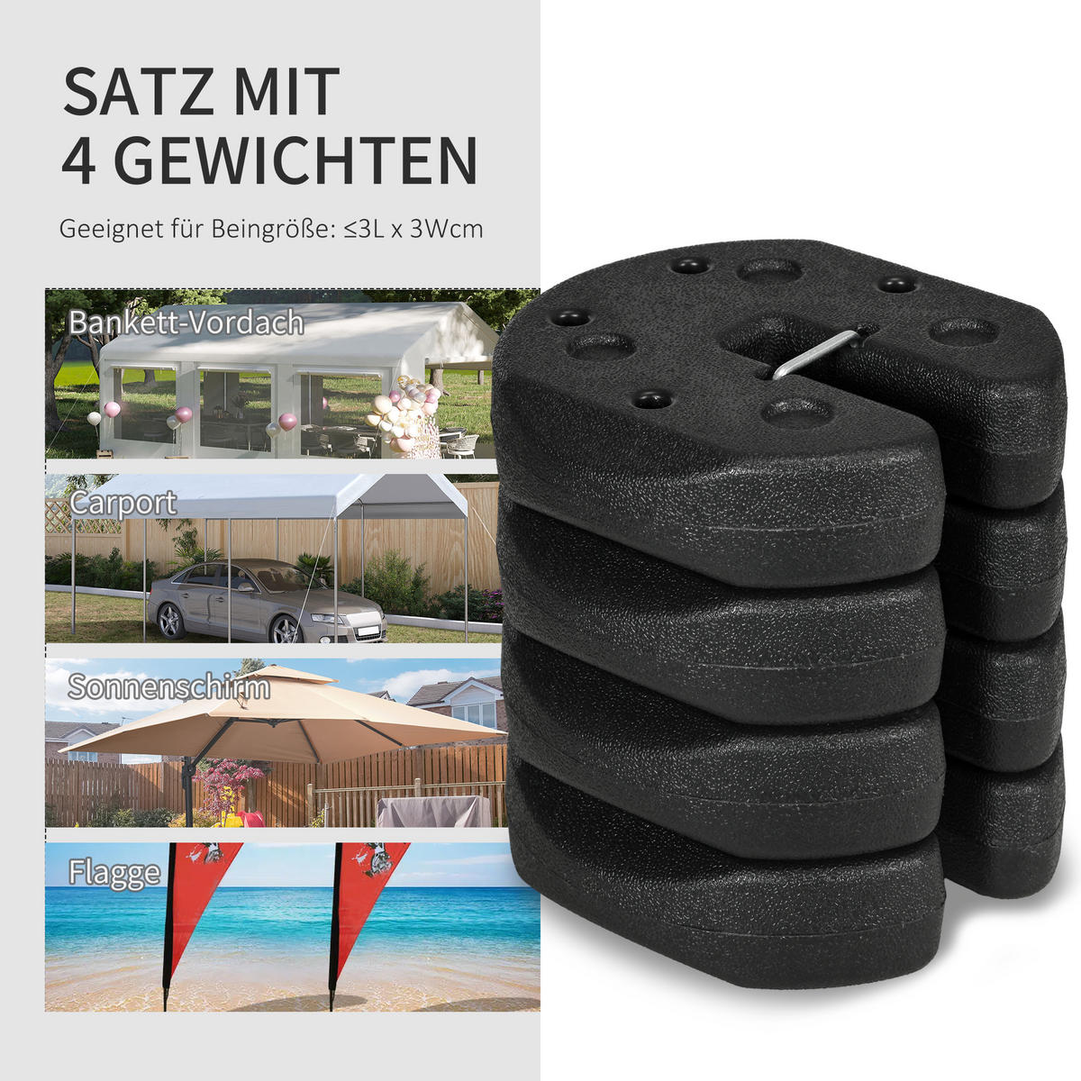 PAVILLONSTANDFÜSSE 4er-Set 12 kg Gewichte mit Befestigungsstiften und Transportgurt - Schwarz, Textil (22/5.5/22cm)