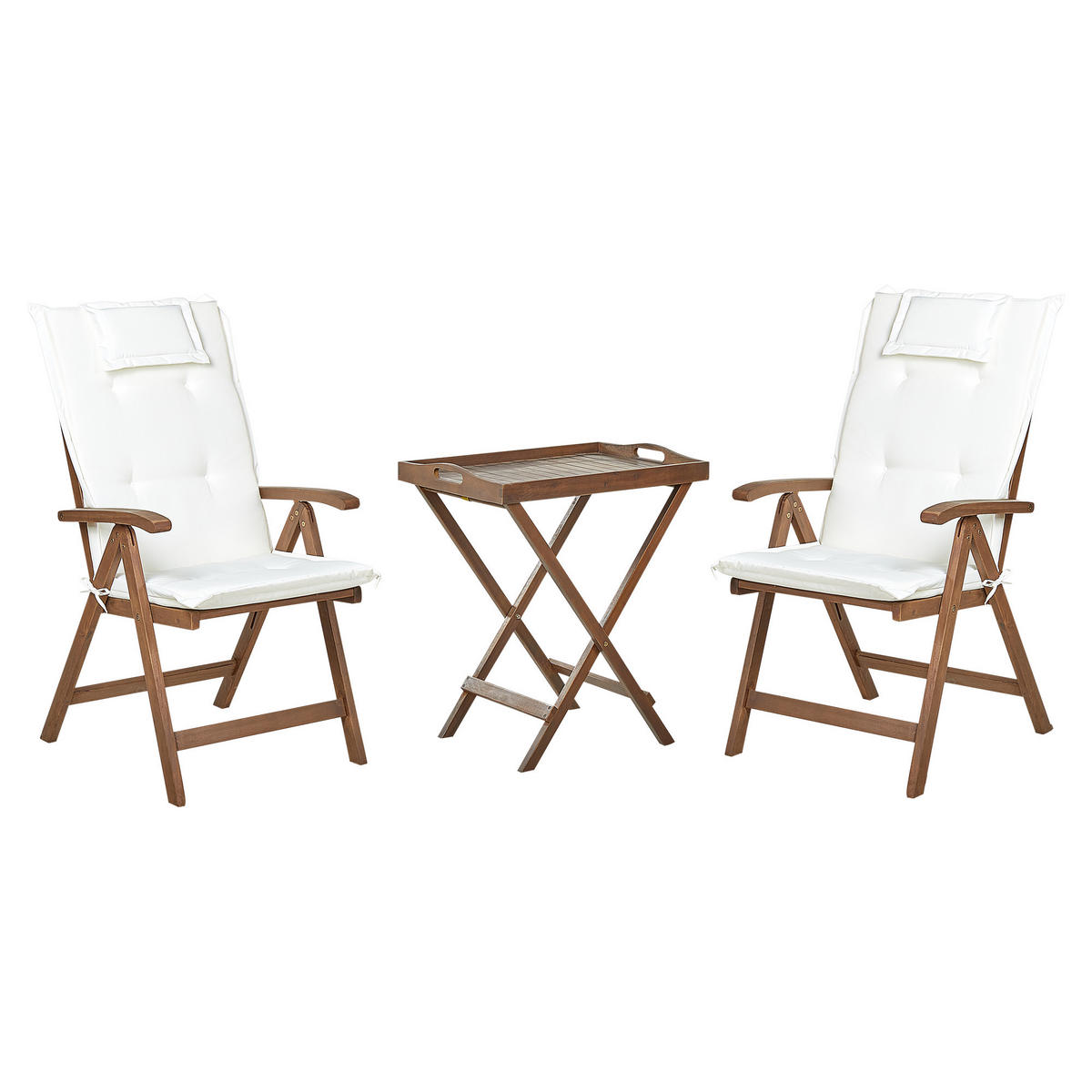 BALKONSET 2-Sitzer Akazienholz dunkelbraun verstellbar Auflagen cremeweiß Amantea - Dunkelbraun/Weiß, Holz/Textil - Beliani